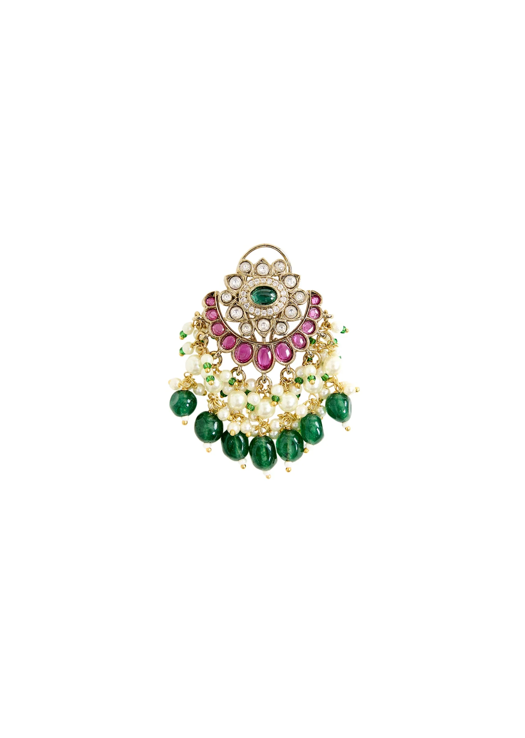 Gold Plated Green And White Stone Long Necklace Set