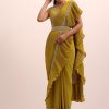 Mustard Yellow Georgette Frill Saree With Embellished Blouse