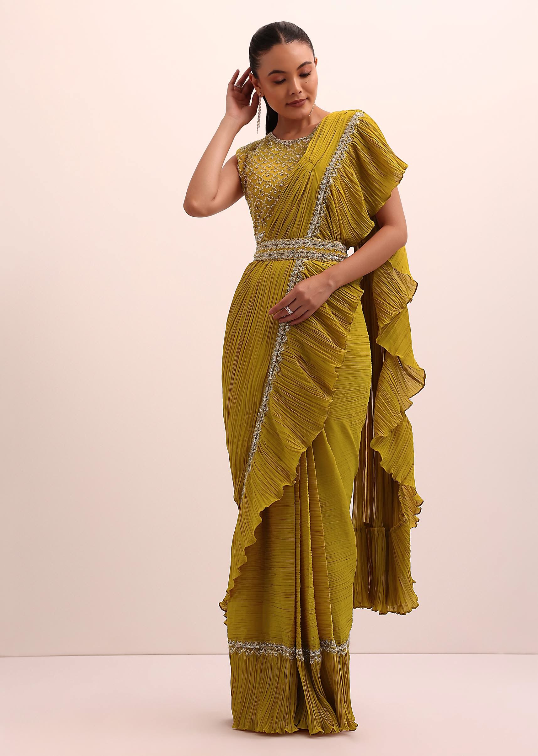 Mustard Yellow Georgette Frill Saree With Embellished Blouse