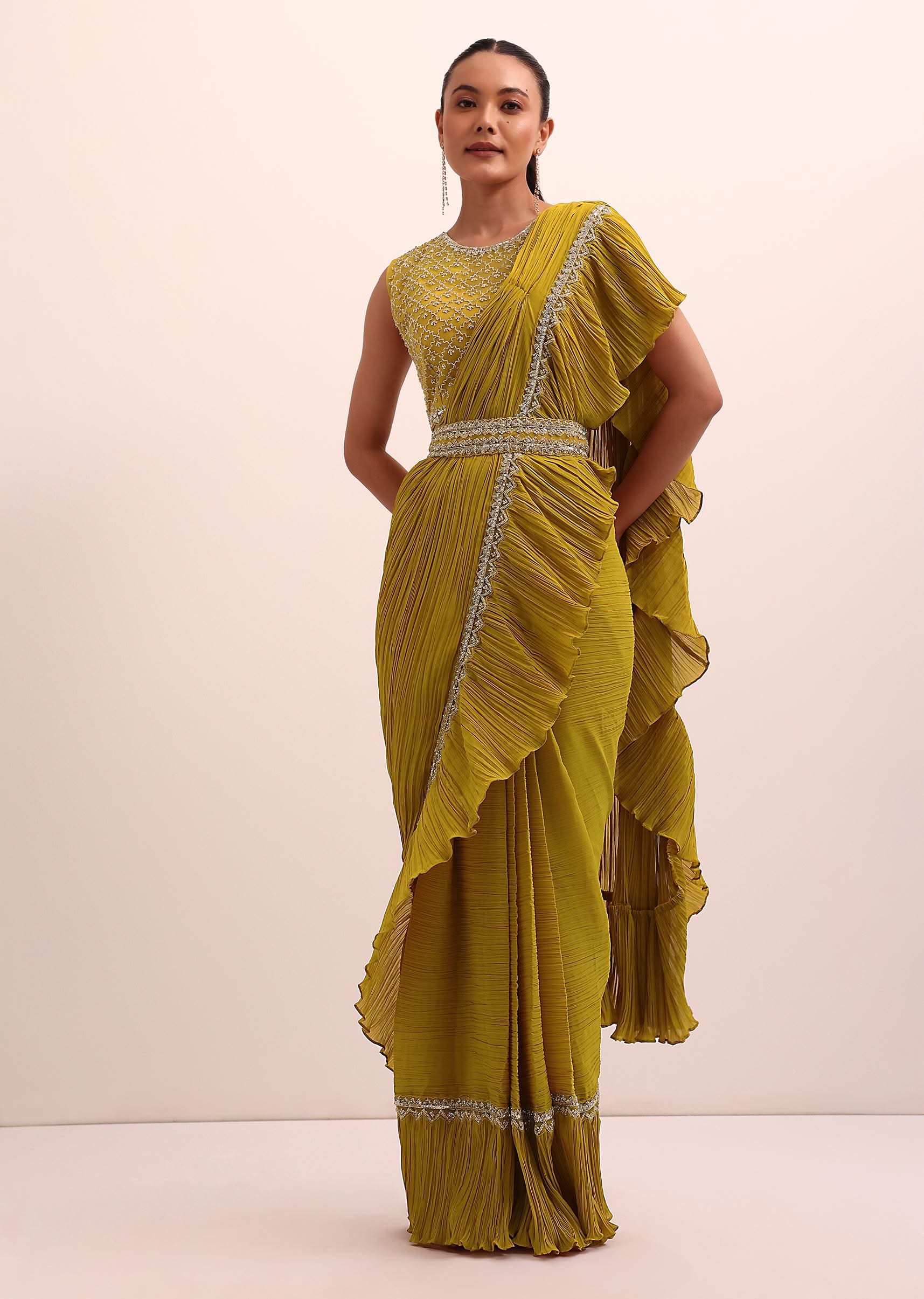 5961-us-2-us-2-variation-1.jpg Mustard Yellow Georgette Frill Saree With Embellished Blouse