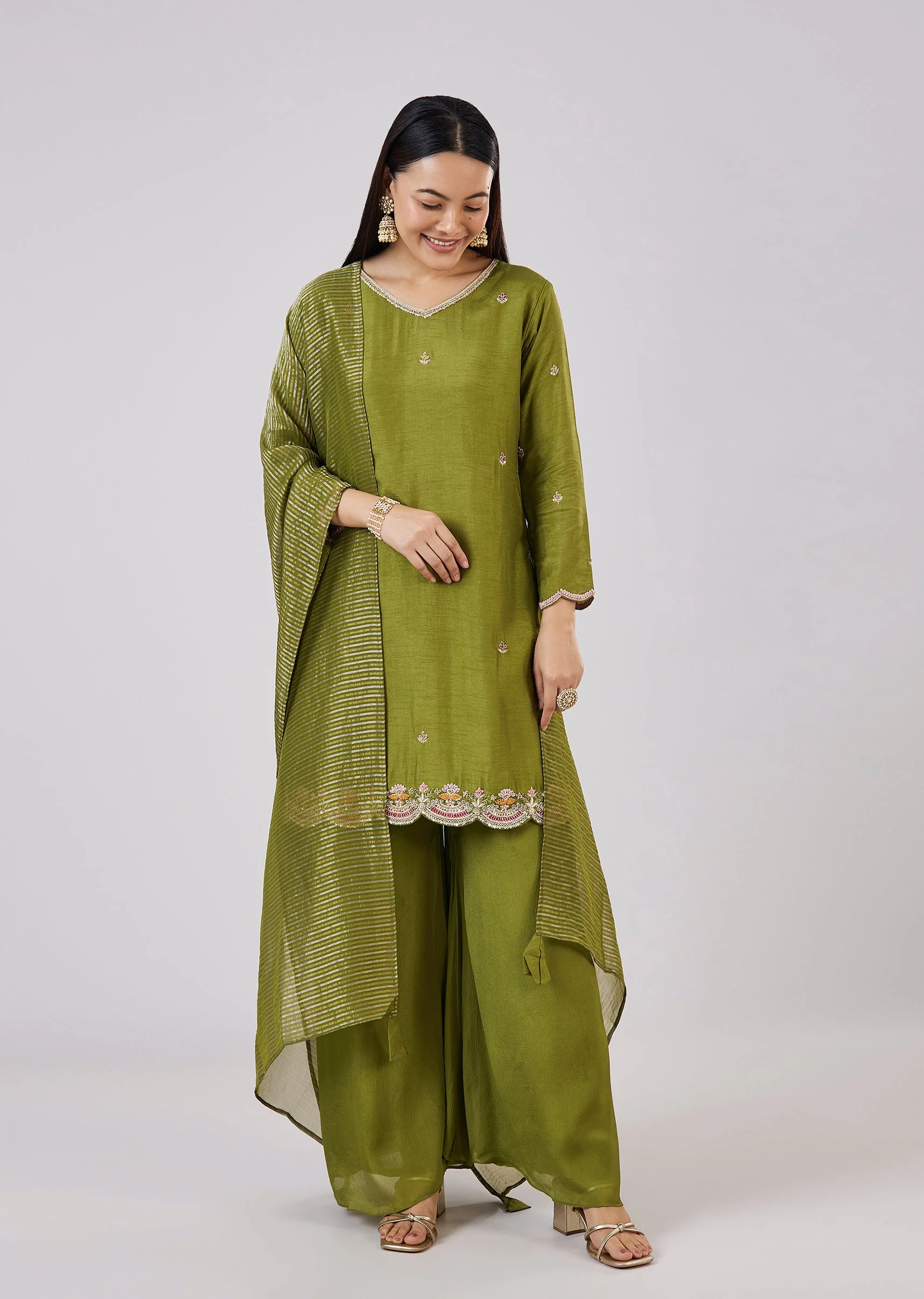 Green Silk Palazzo Set With Zari And Sequins Work