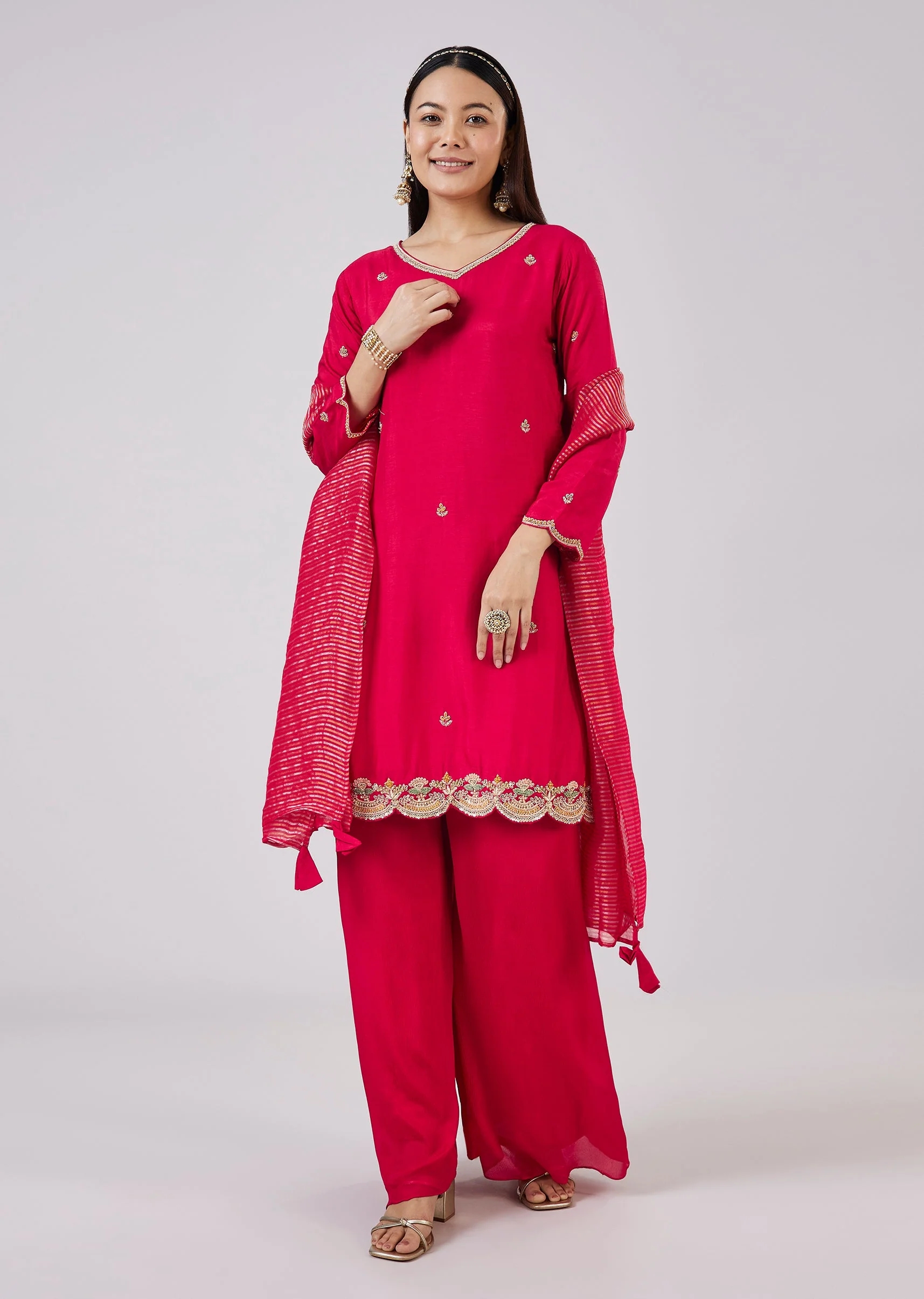 Pink Silk Palazzo Set With Zari And Sequins Work