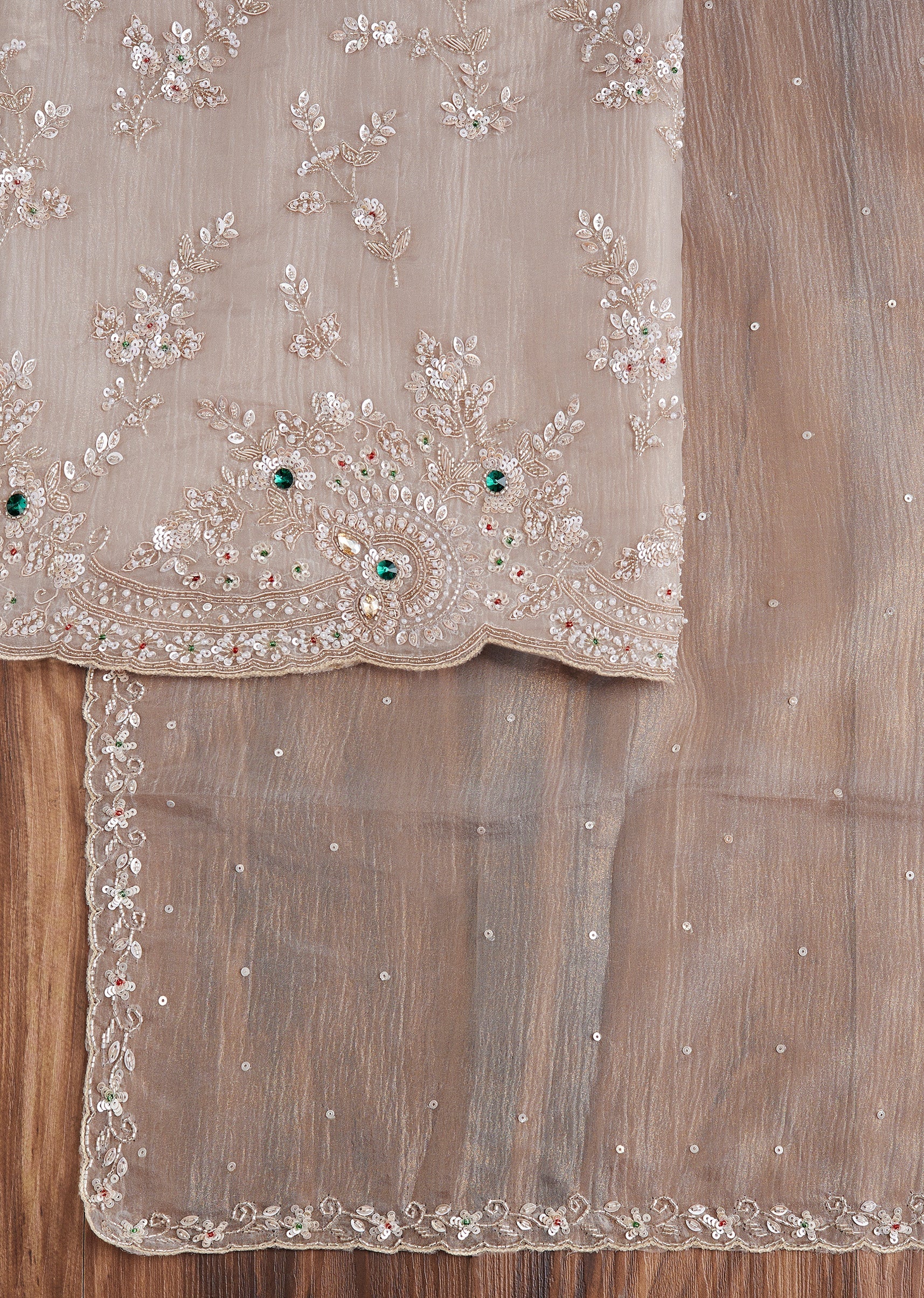 Beige Tissue Embroidered Dress Material Suit