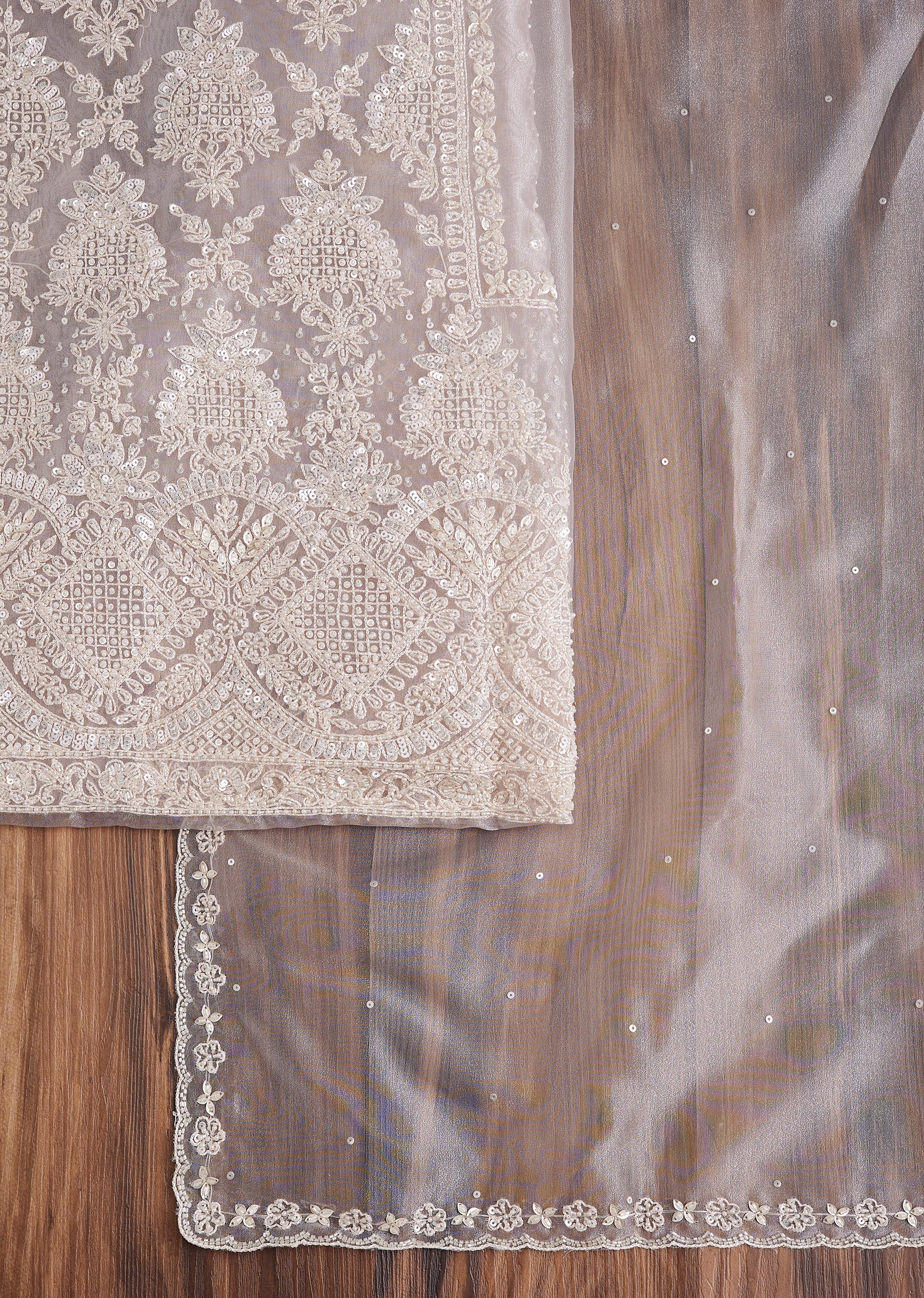 Grey Organza Embroidered Dress Material Suit