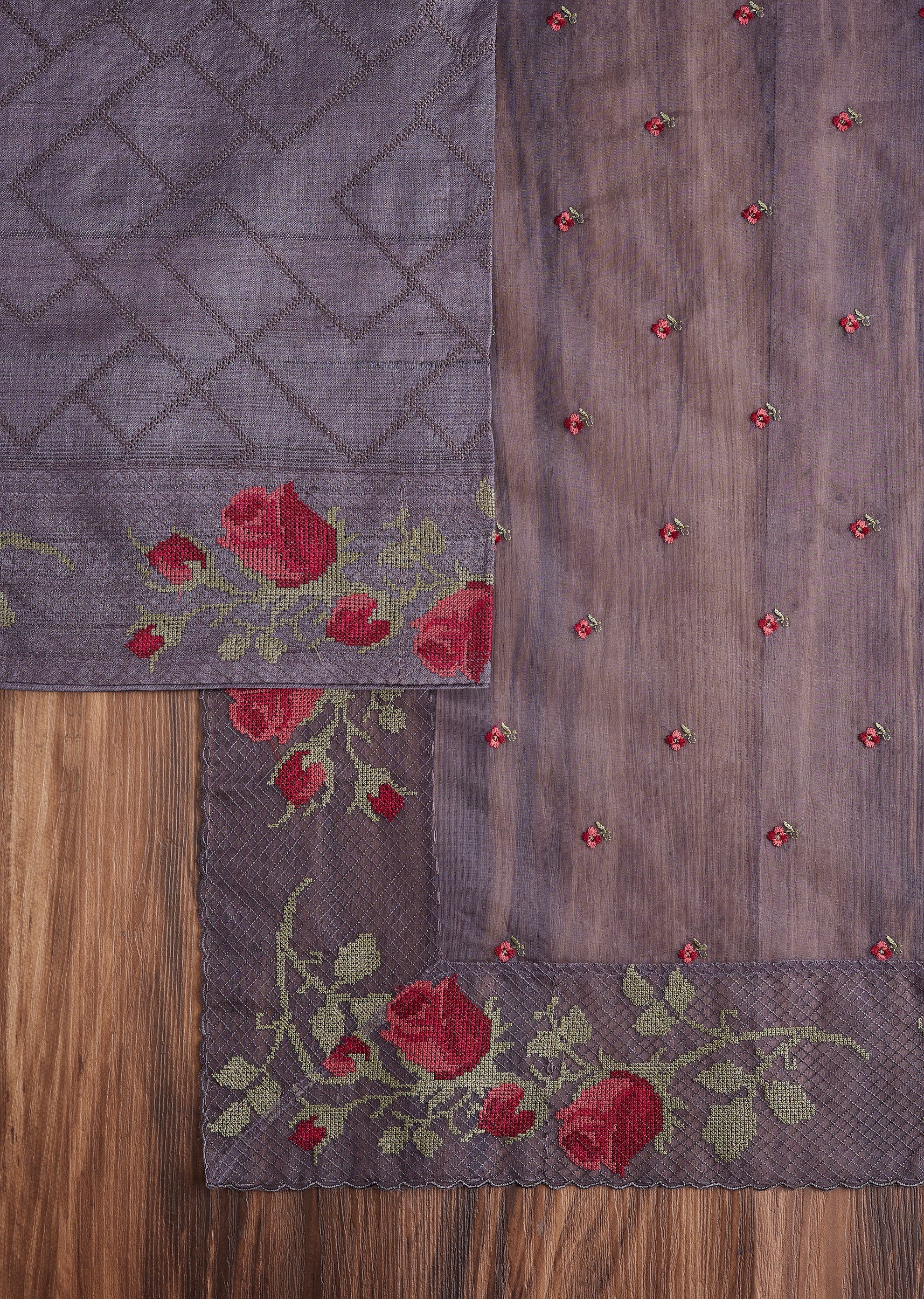 Grey Tussar Embroidered Suit