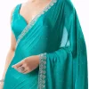Turquoise Blue Chinon Saree With Stone And Cutdana Embroidered Border