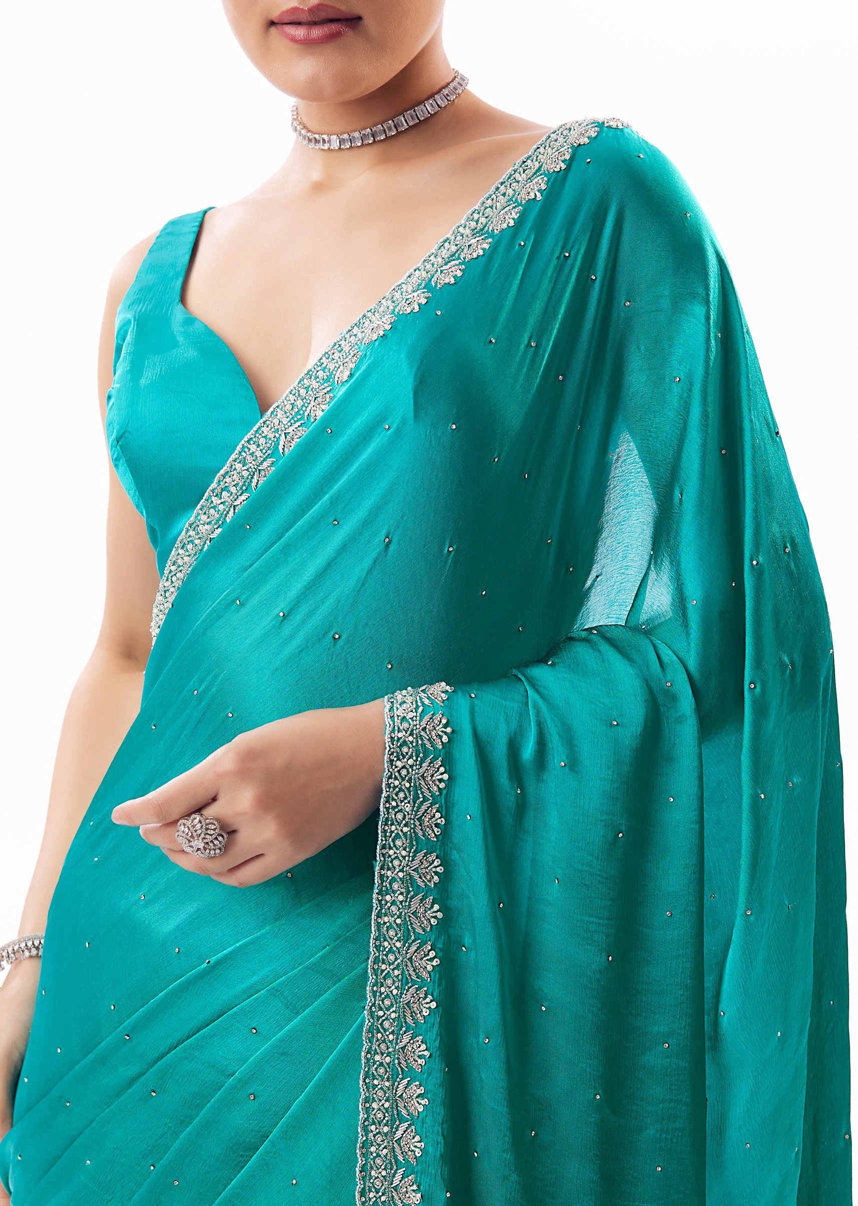 Turquoise Blue Chinon Saree With Stone And Cutdana Embroidered Border