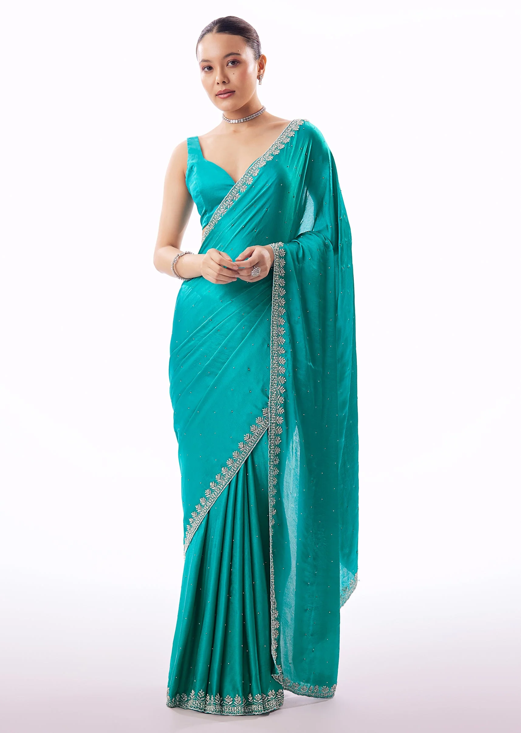 Turquoise Blue Chinon Saree With Stone And Cutdana Embroidered Border