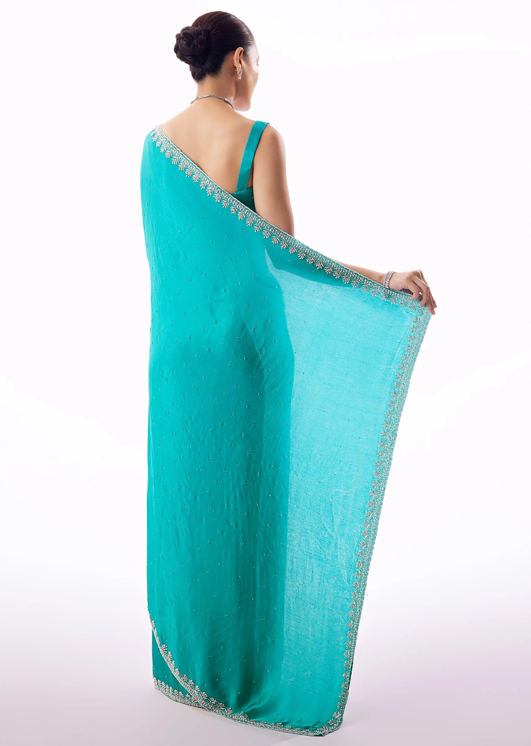 Turquoise Blue Chinon Saree With Stone And Cutdana Embroidered Border