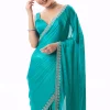 Turquoise Blue Chinon Saree With Stone And Cutdana Embroidered Border