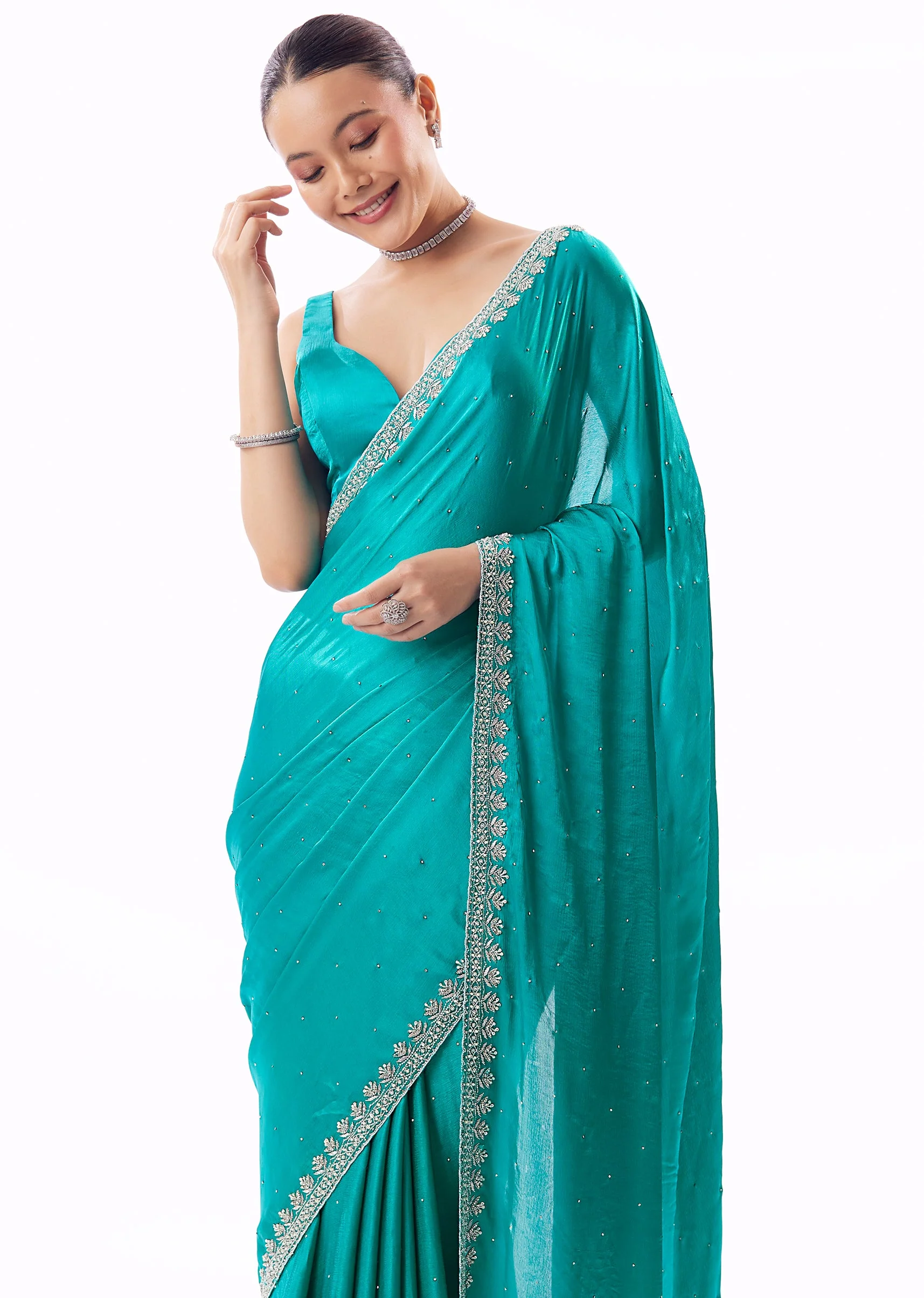Turquoise Blue Chinon Saree With Stone And Cutdana Embroidered Border