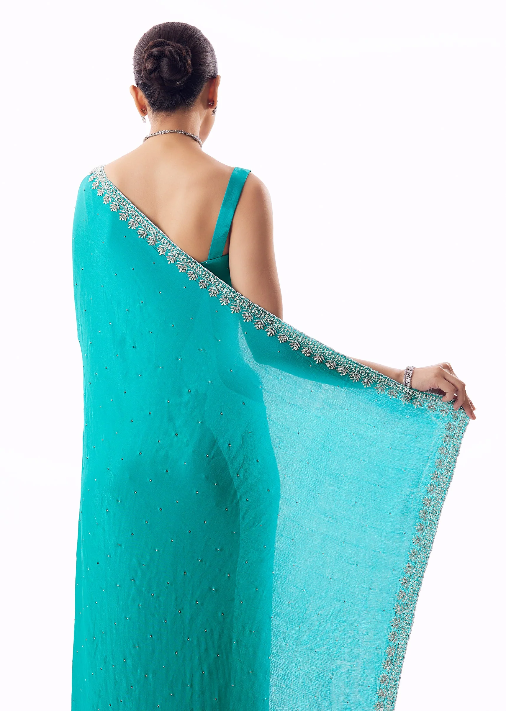 Turquoise Blue Chinon Saree With Stone And Cutdana Embroidered Border