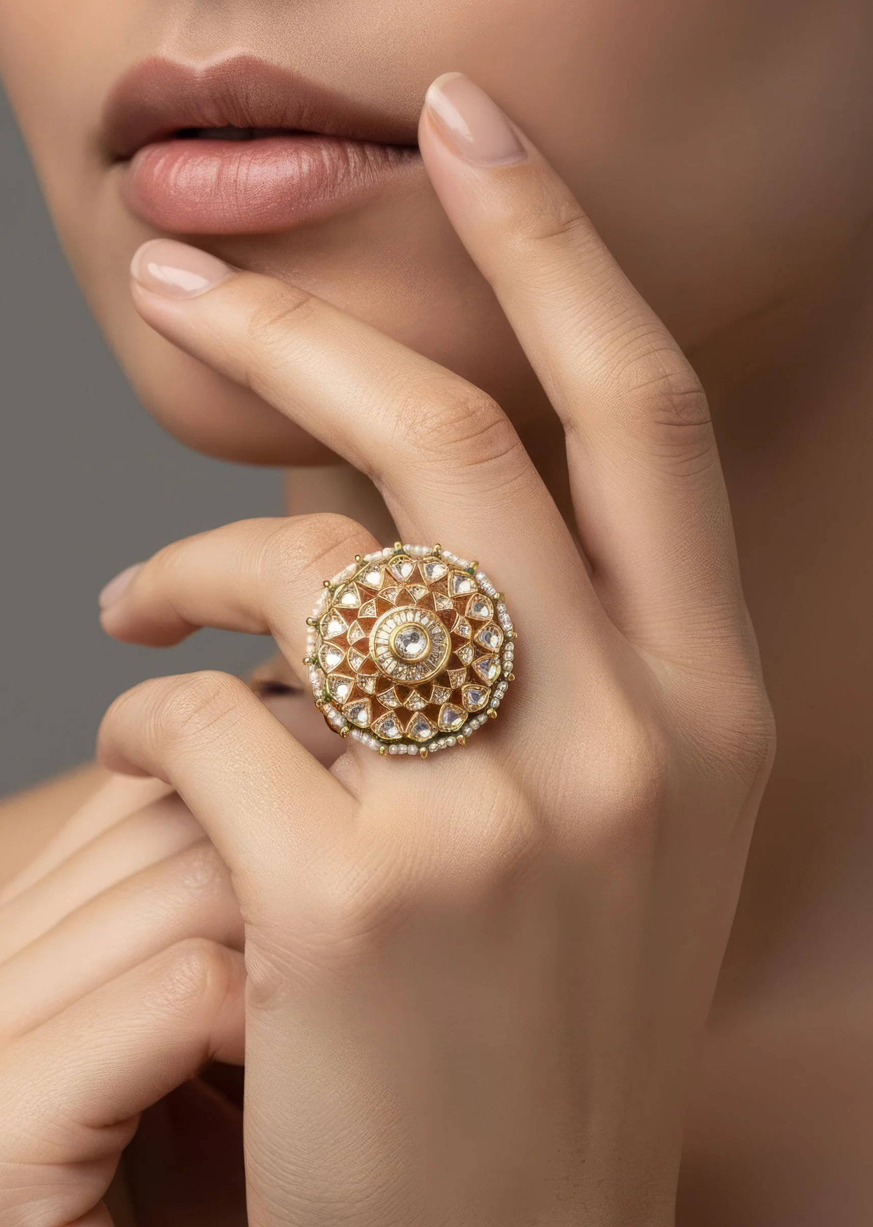 601-white-stone-and-green-accent-kundan-polki-ring-1.webp White Stone And Green Accent Kundan Polki Ring