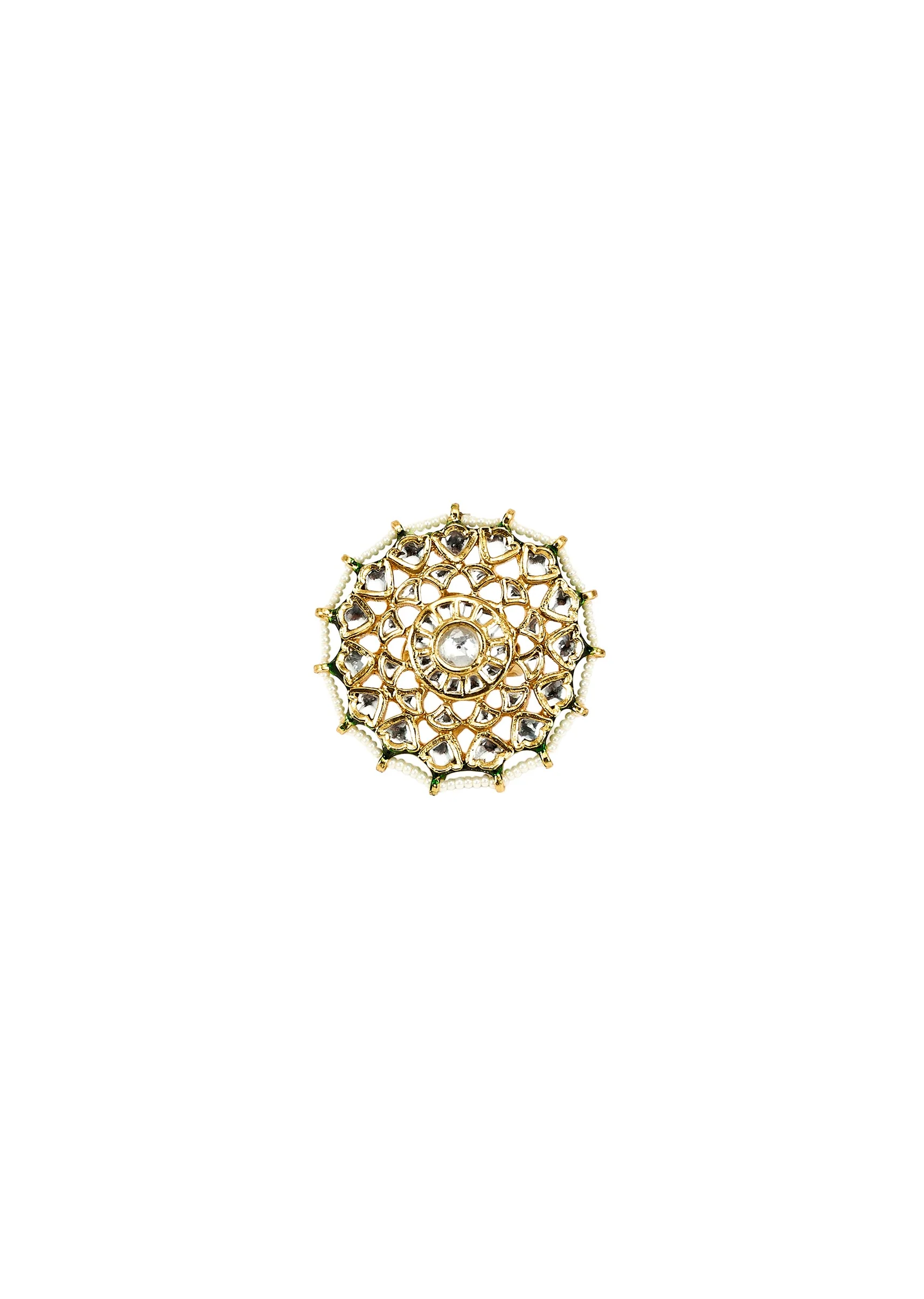 White Stone And Green Accent Kundan Polki Ring