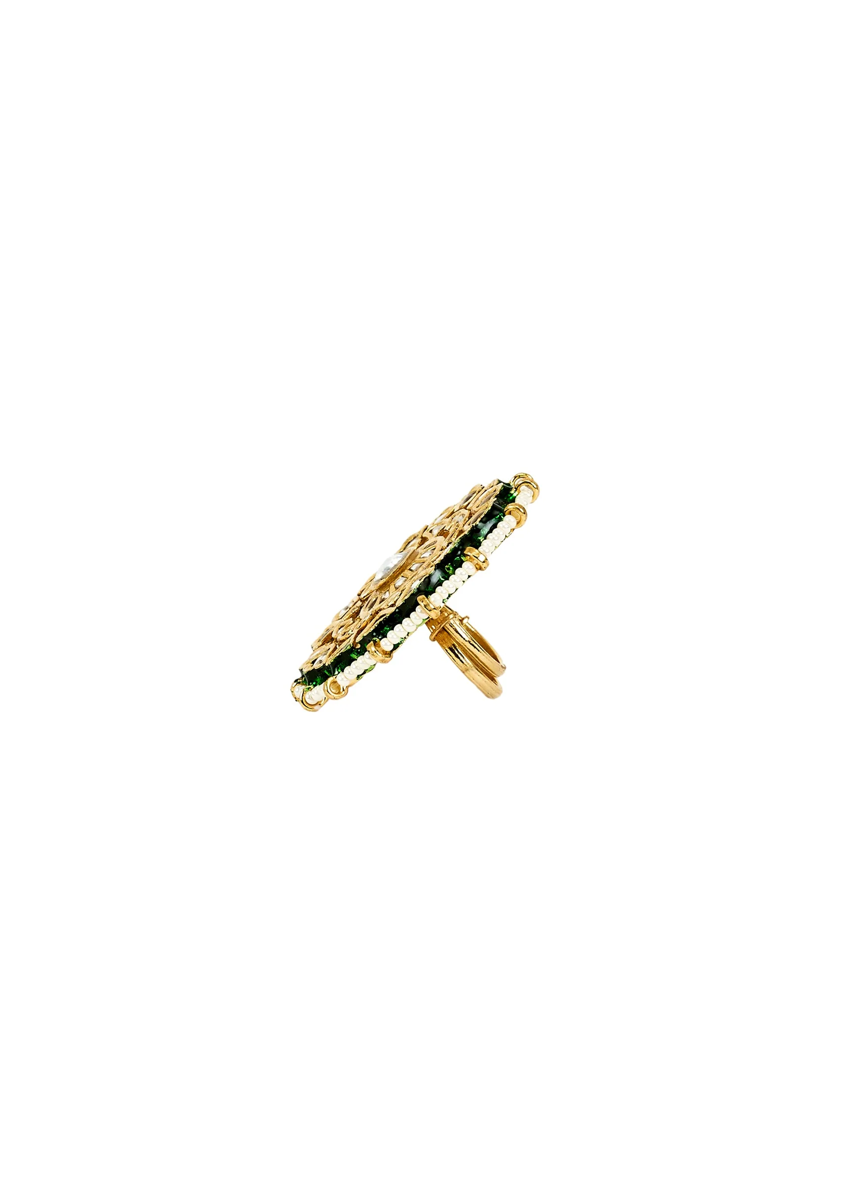 White Stone And Green Accent Kundan Polki Ring