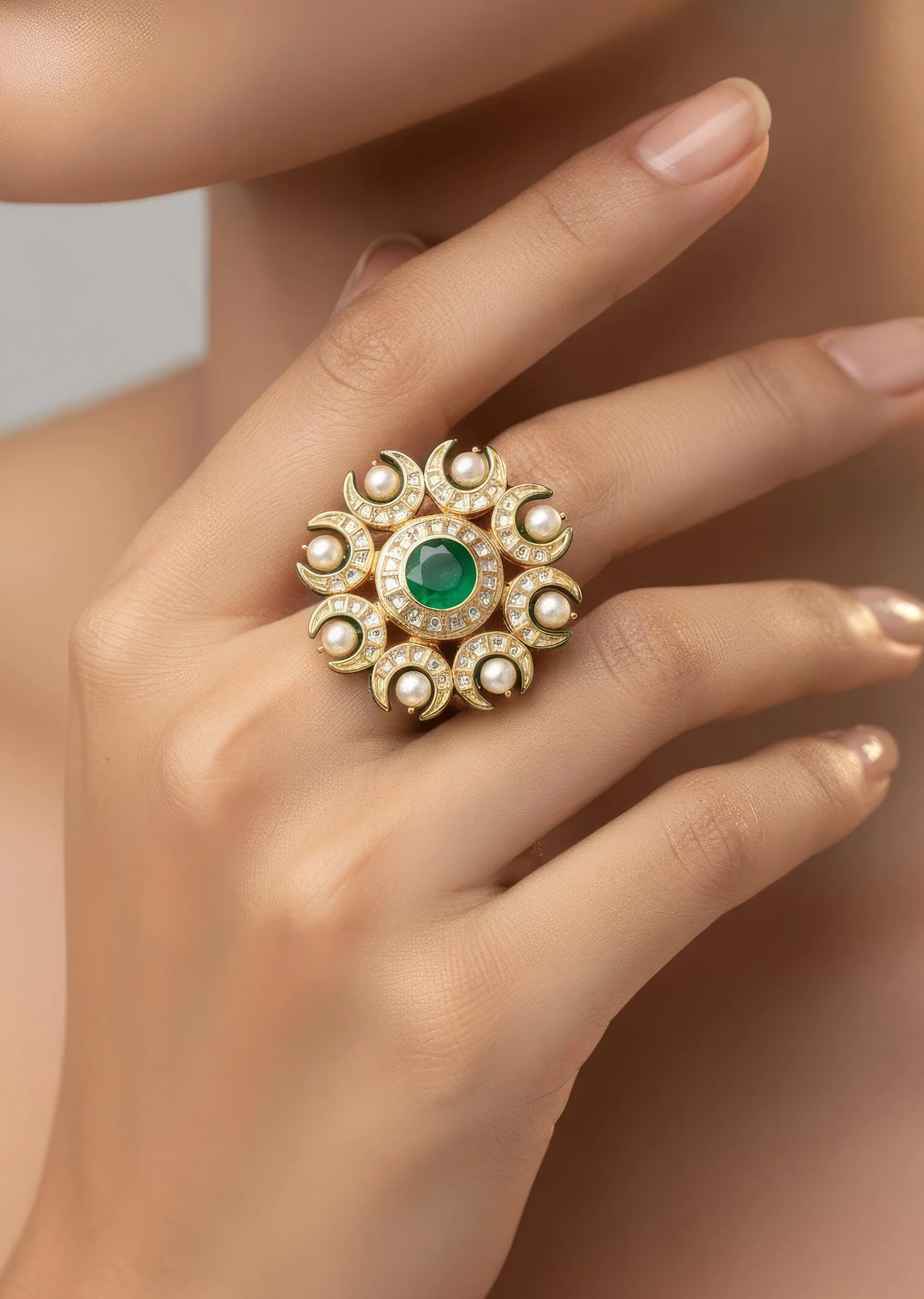 602-gold-plated-centre-green-stone-kundan-polki-ring-1.webp Gold Plated Centre Green Stone Kundan Polki Ring
