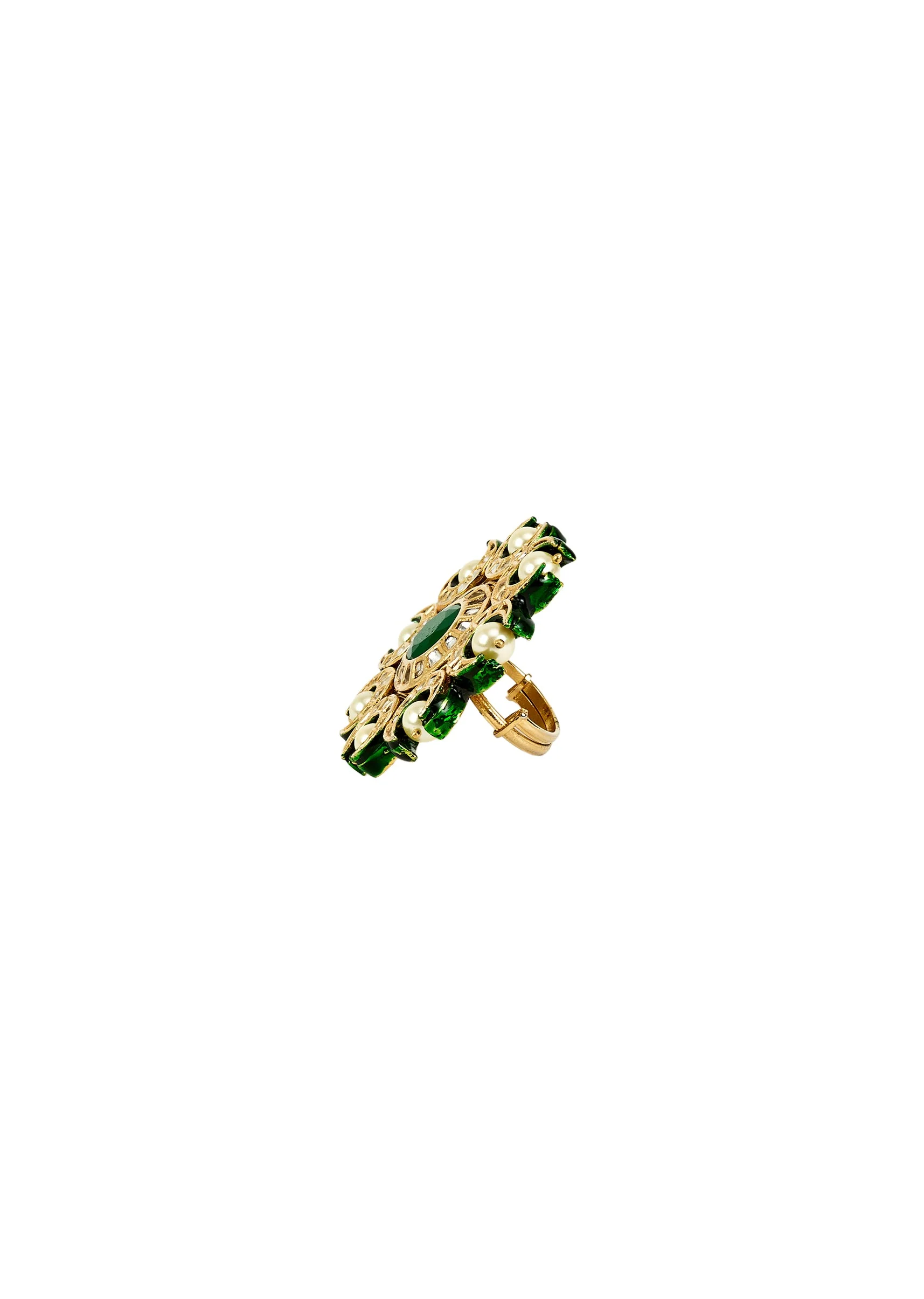 Gold Plated Centre Green Stone Kundan Polki Ring