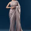 Mauve Satin Plain Saree With Cut Dana Embellished Halter Neck Blouse