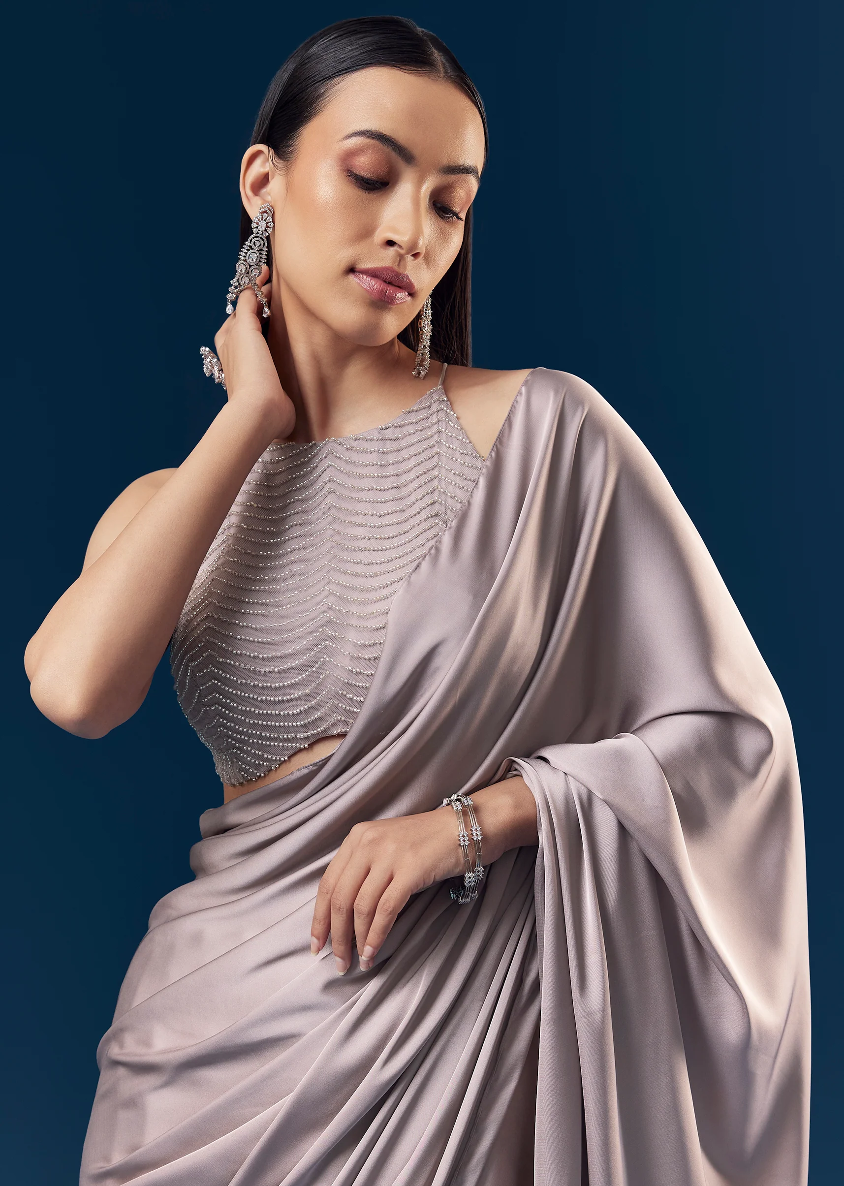 Mauve Satin Plain Saree With Cut Dana Embellished Halter Neck Blouse