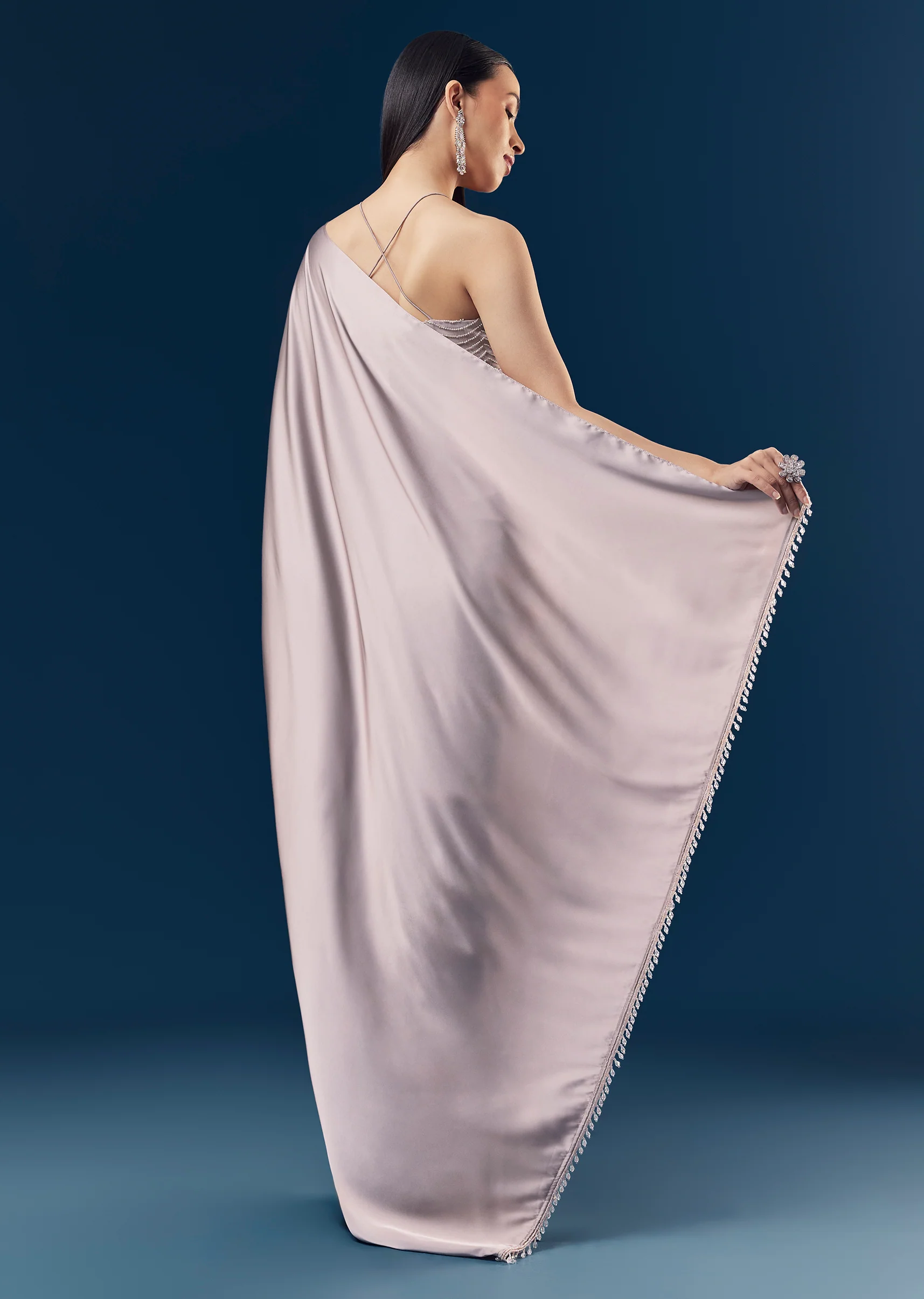 Mauve Satin Plain Saree With Cut Dana Embellished Halter Neck Blouse