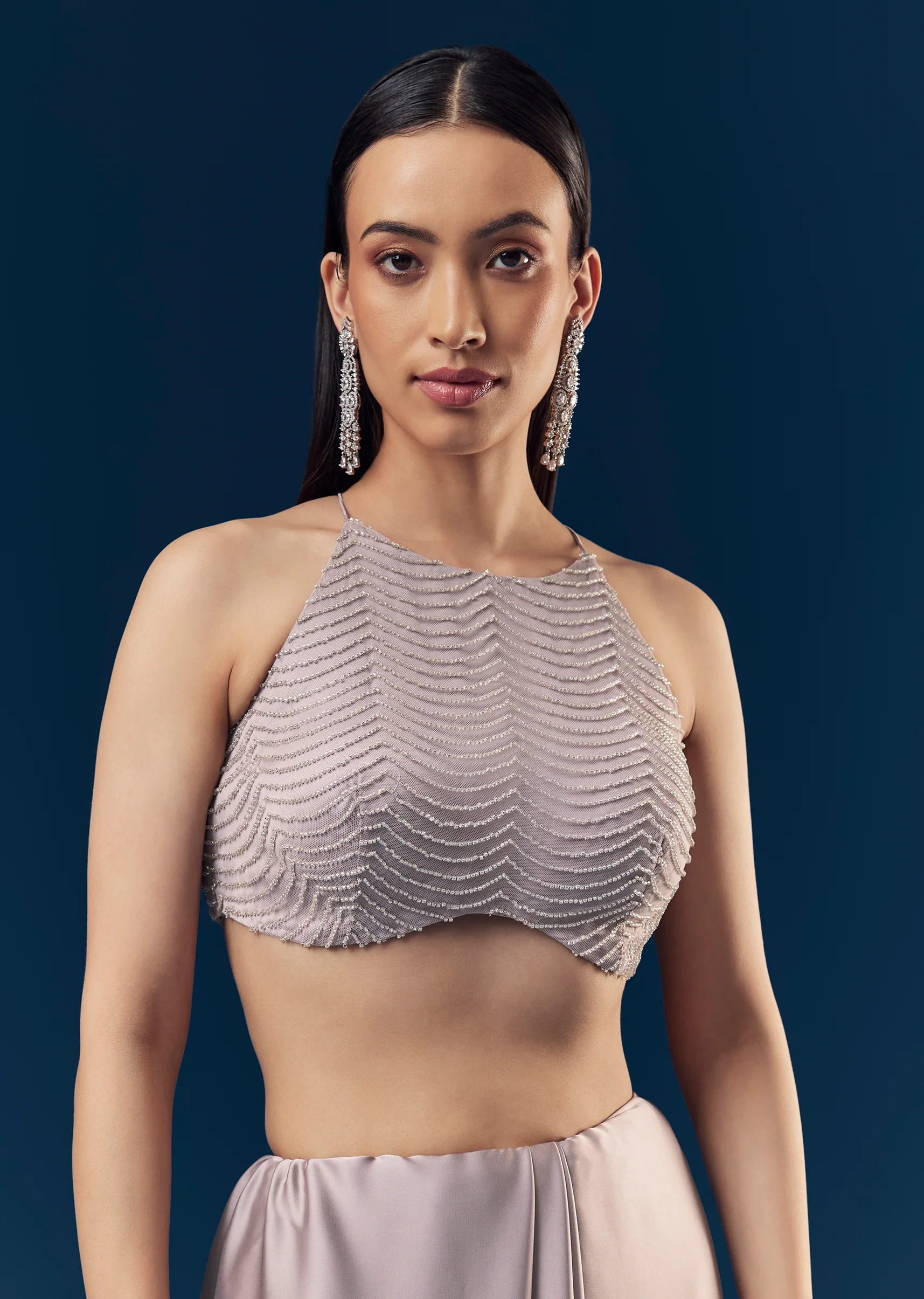 Mauve Satin Plain Saree With Cut Dana Embellished Halter Neck Blouse