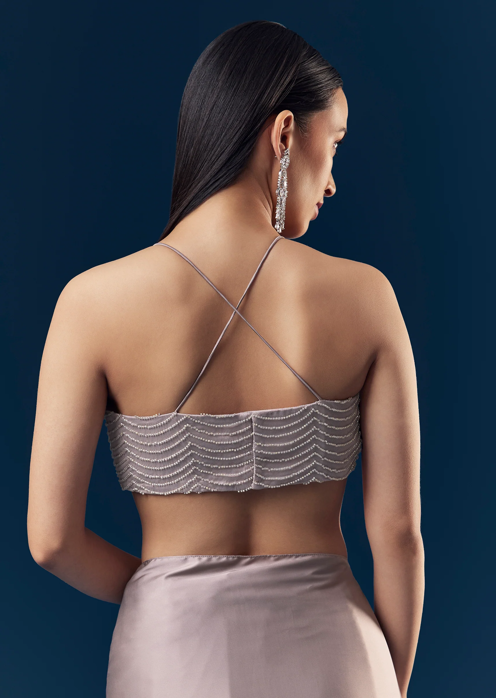 Mauve Satin Plain Saree With Cut Dana Embellished Halter Neck Blouse