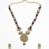 Gold Plated Maroon Beaded Long Necklace Set With Earrings