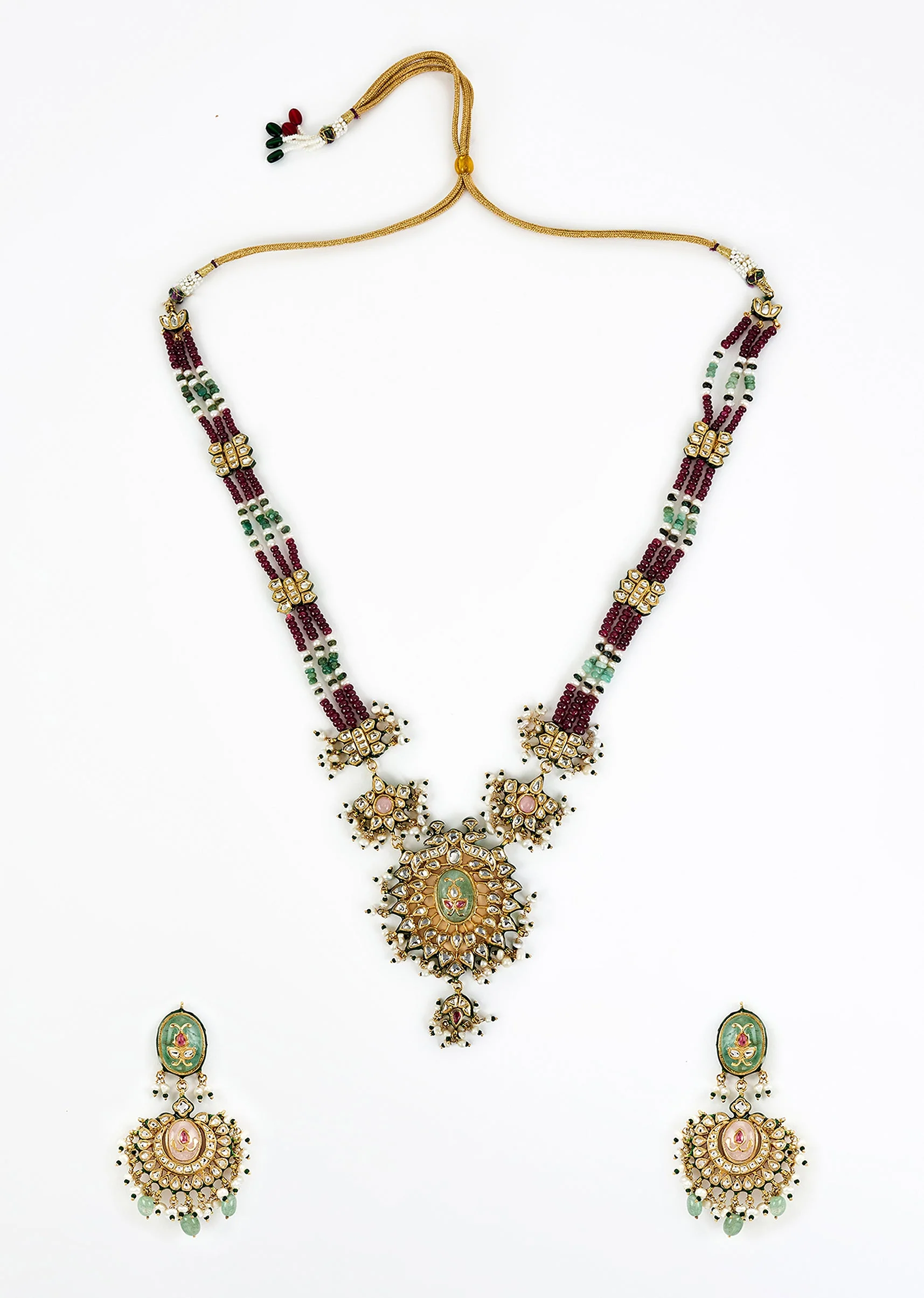 Gold Plated Maroon Beaded Long Necklace Set With Earrings