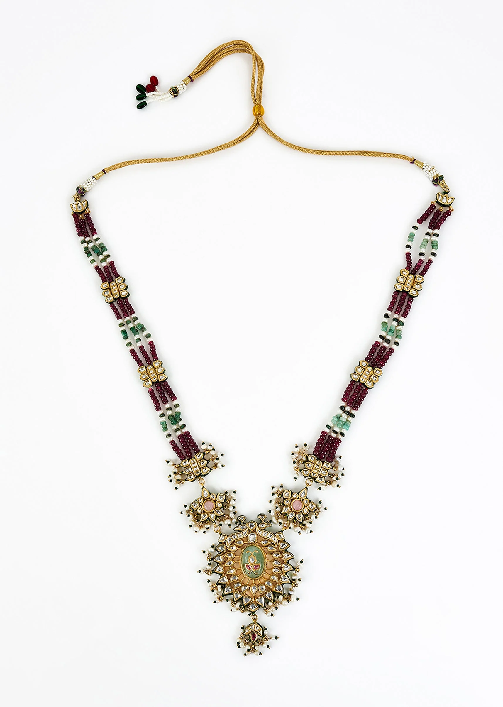 Gold Plated Maroon Beaded Long Necklace Set With Earrings