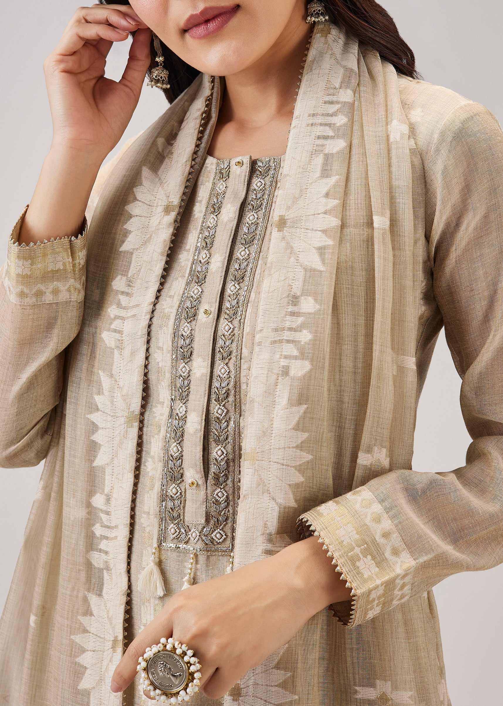 Beige Weaved Chanderi Kurta Set