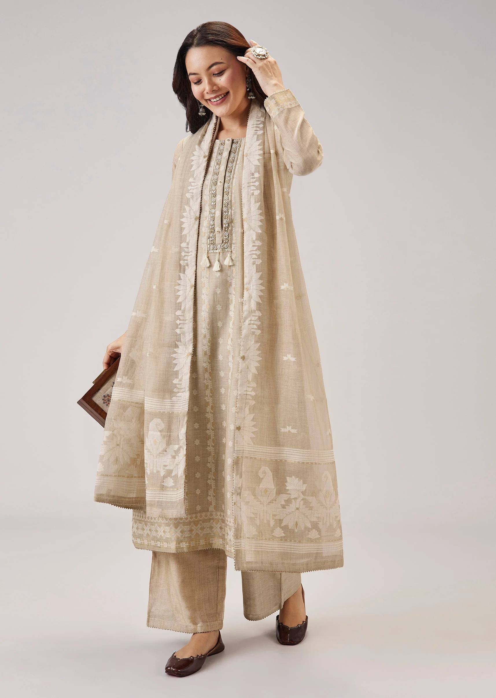 Beige Weaved Chanderi Kurta Set