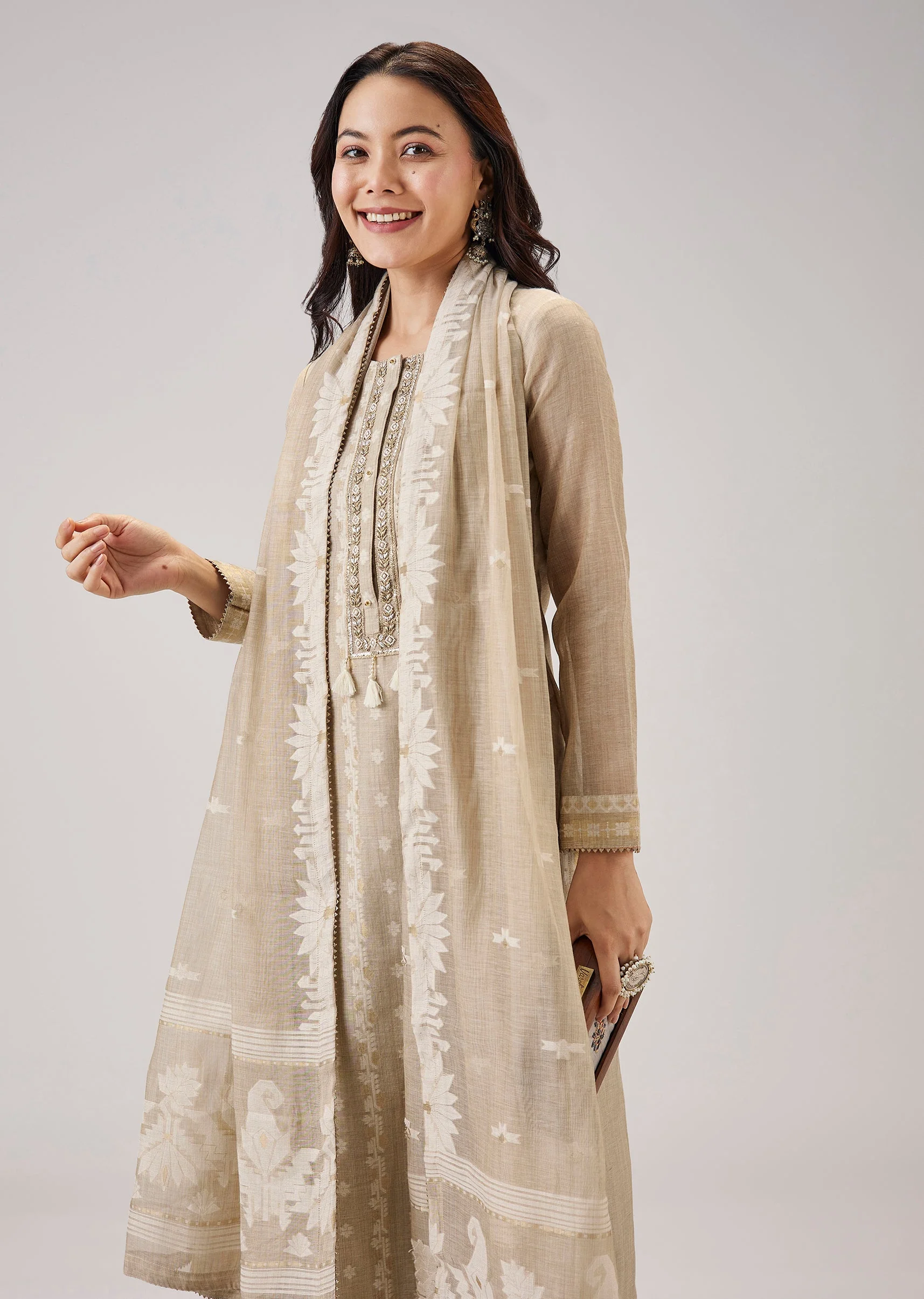 Beige Weaved Chanderi Kurta Set