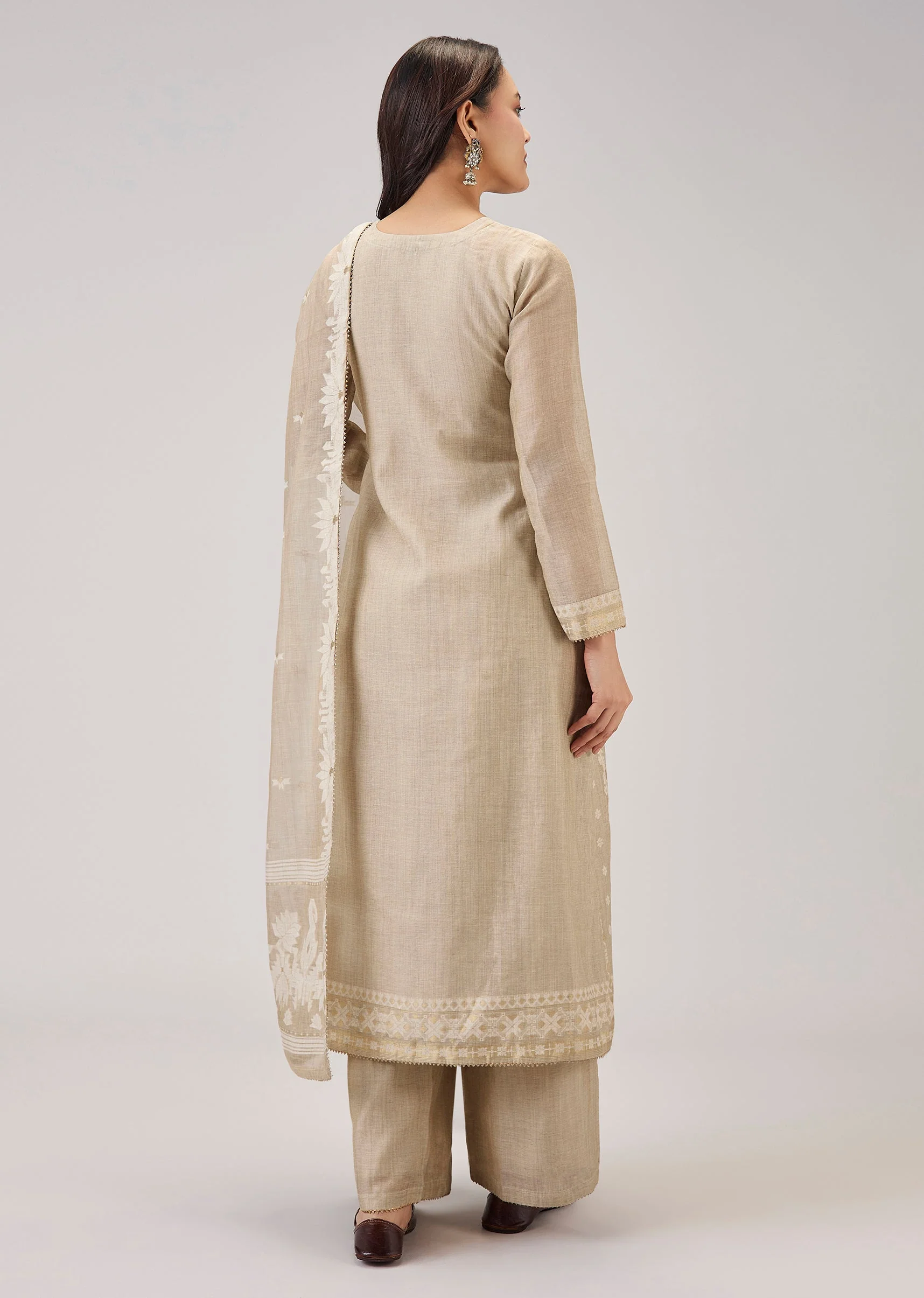 Beige Weaved Chanderi Kurta Set