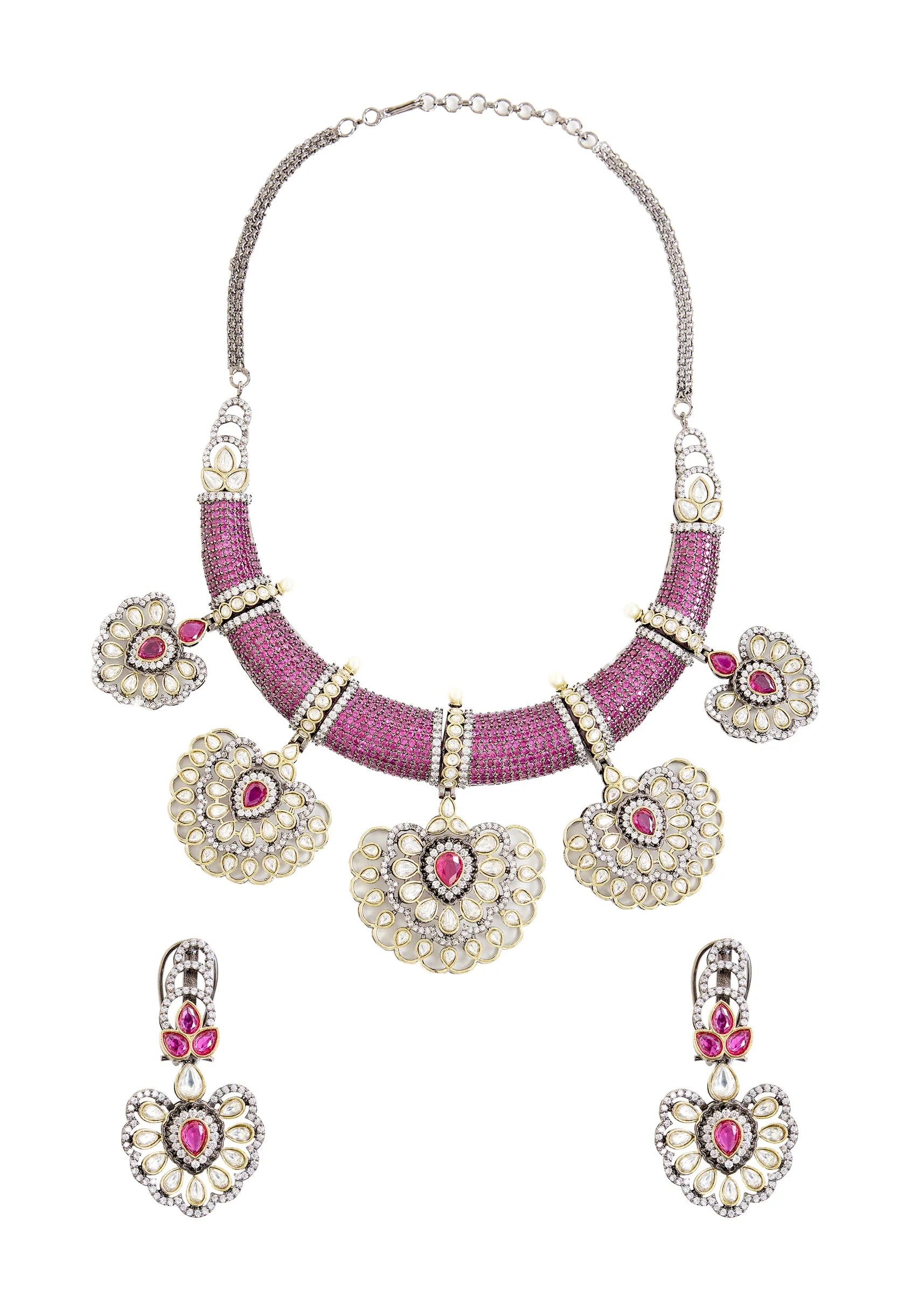 Purple Beaded Kundan Style Necklace And Earring Set