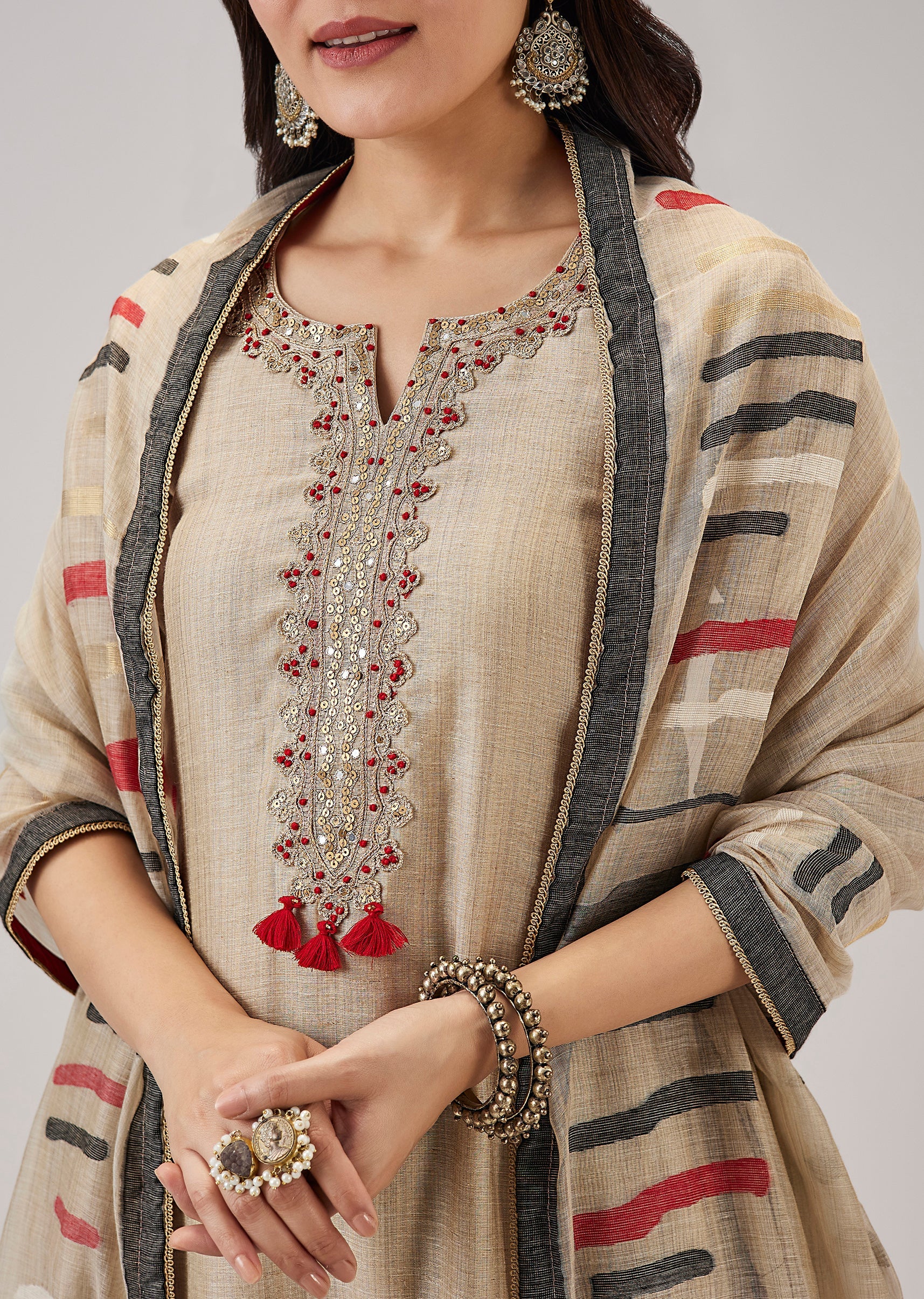 Beige Handwork Chanderi Kurta Set