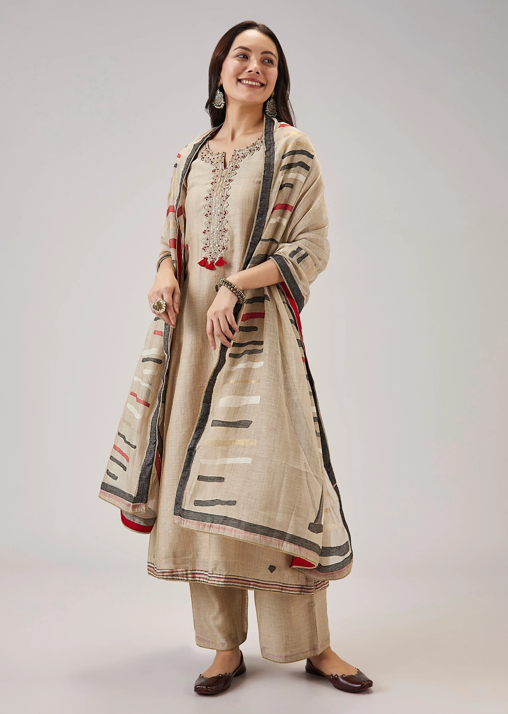 Beige Handwork Chanderi Kurta Set
