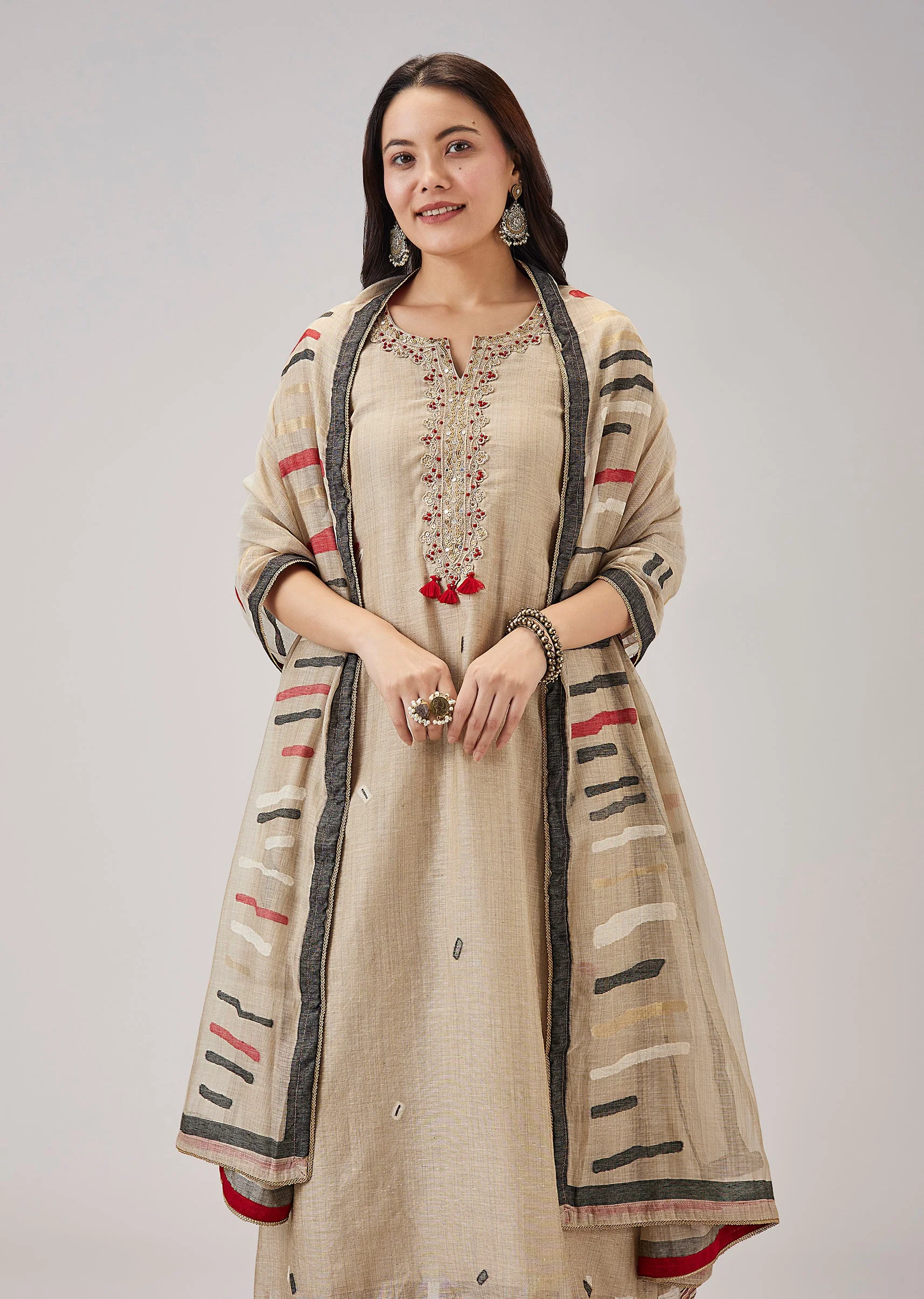 Beige Handwork Chanderi Kurta Set