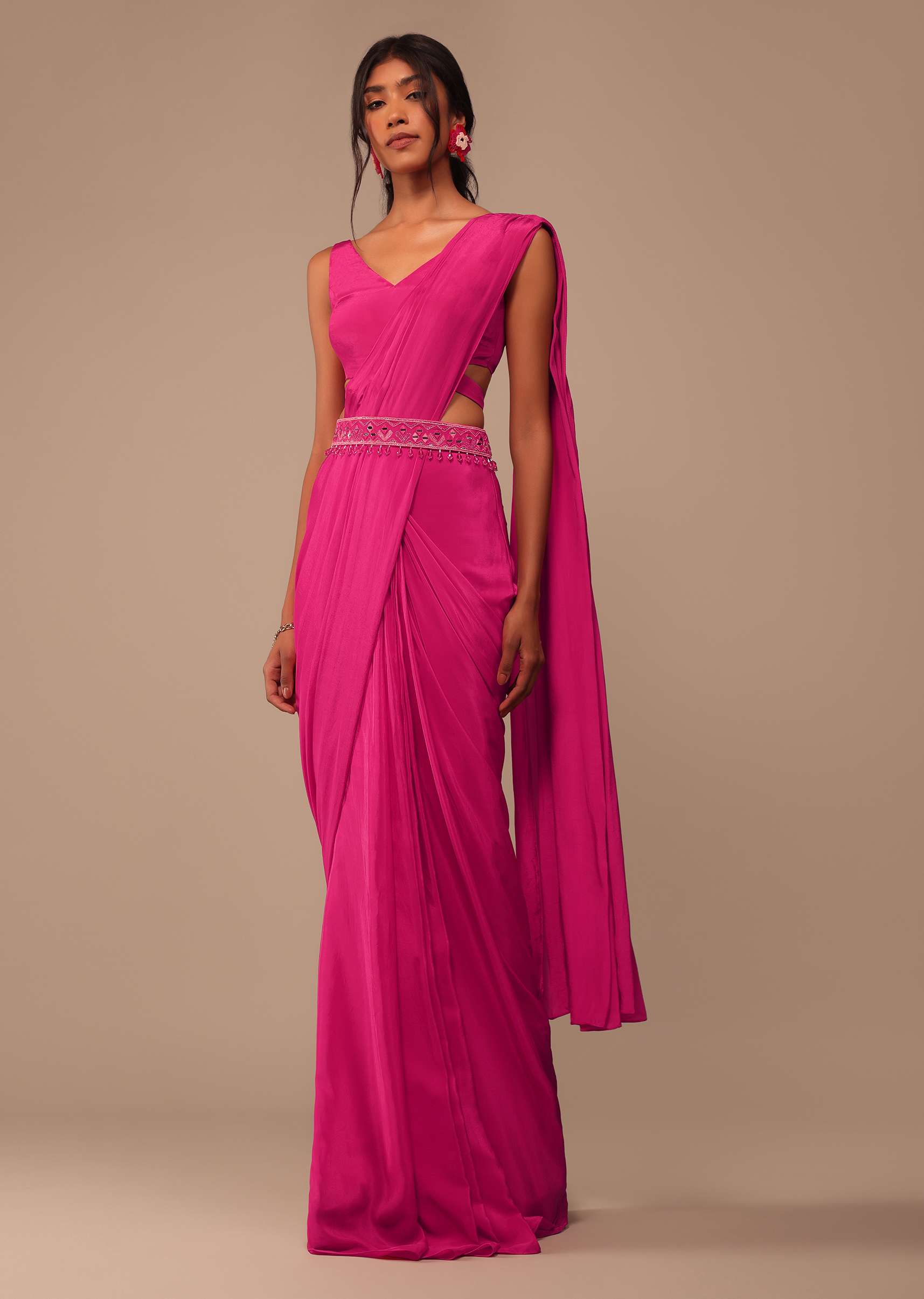 6053-hot-pink-indo-western-saree-set-with-embroidered-belt-1.jpg Hot Pink Indo-western Saree Set With Embroidered Belt