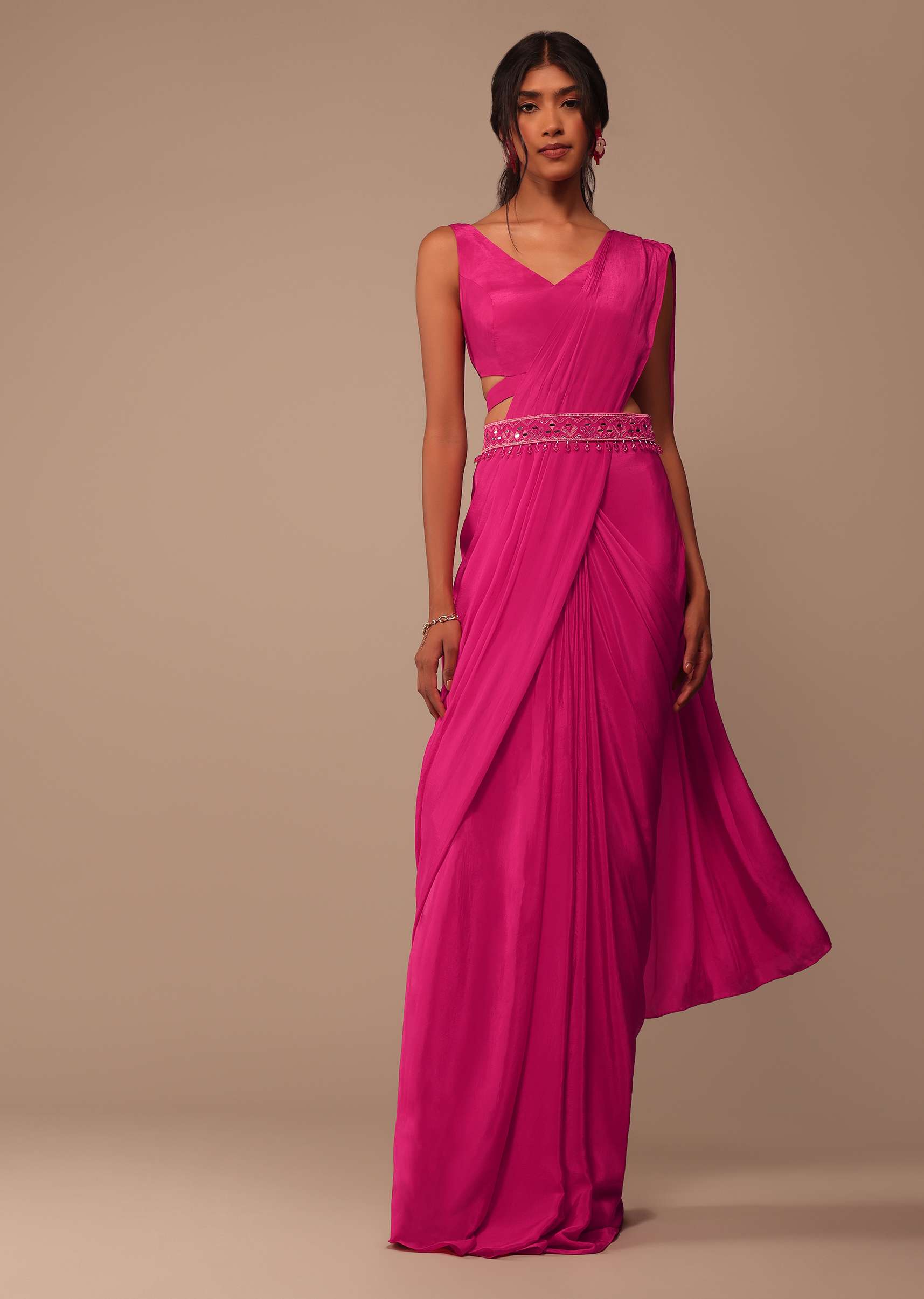 Hot Pink Indo-western Saree Set With Embroidered Belt