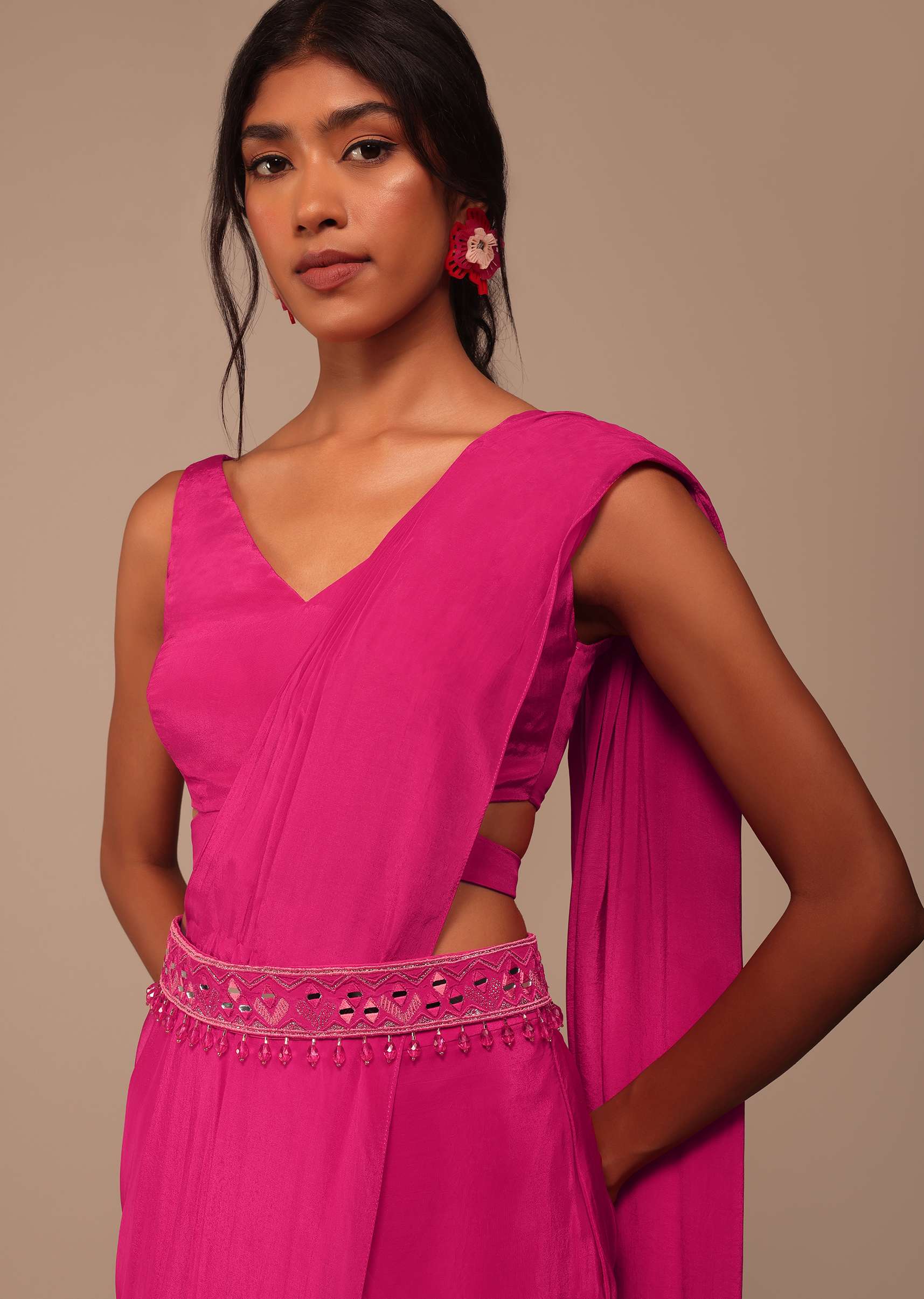 Hot Pink Indo-western Saree Set With Embroidered Belt