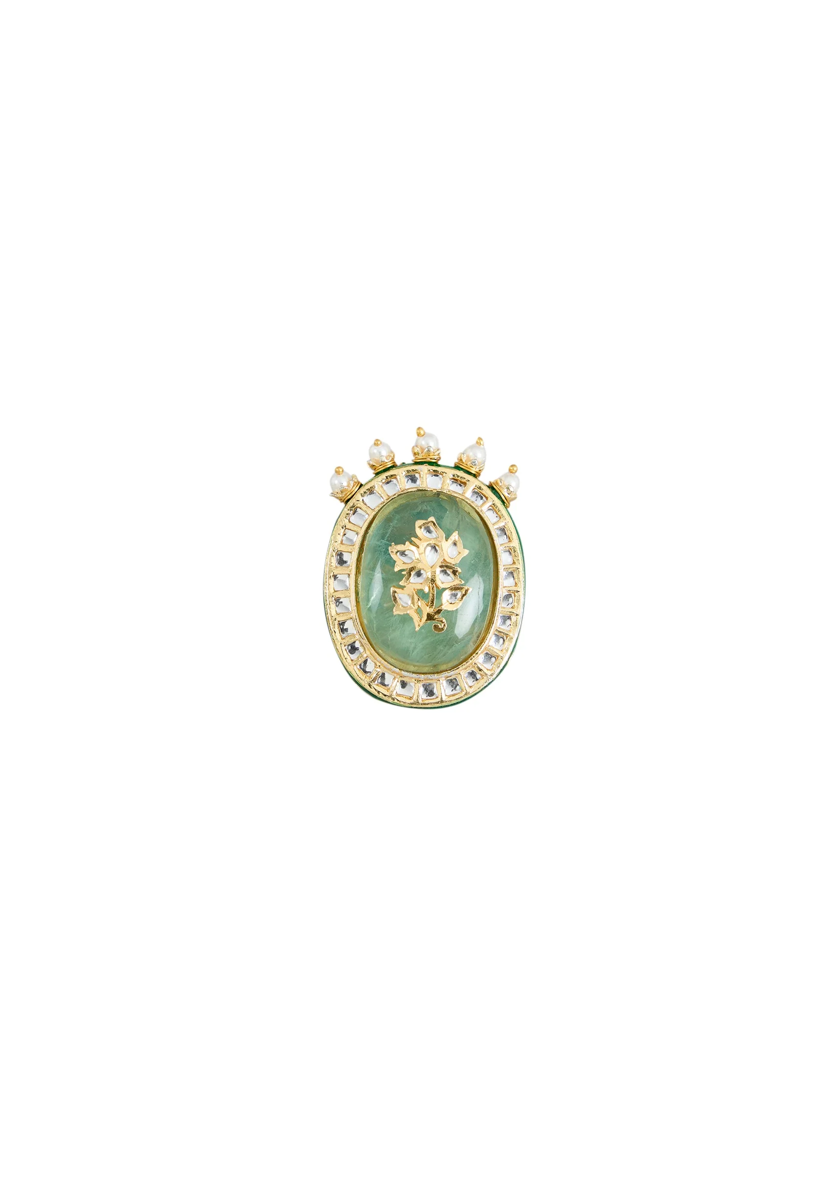 Green Stone And Pearl Embellished Statement Ring