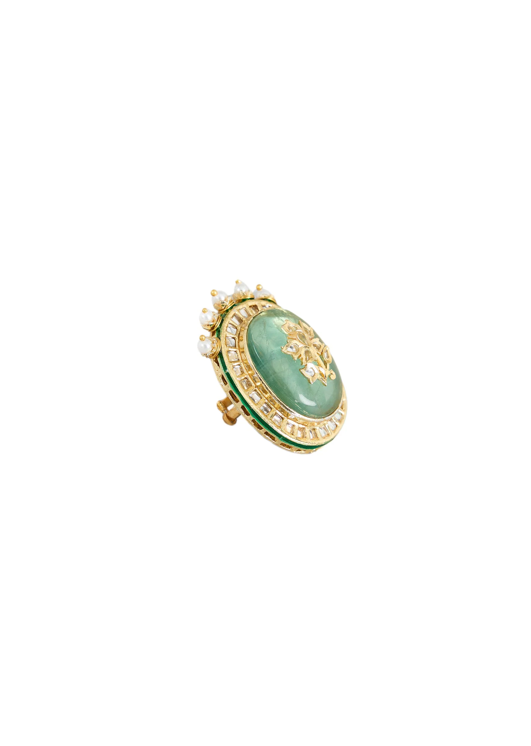 Green Stone And Pearl Embellished Statement Ring