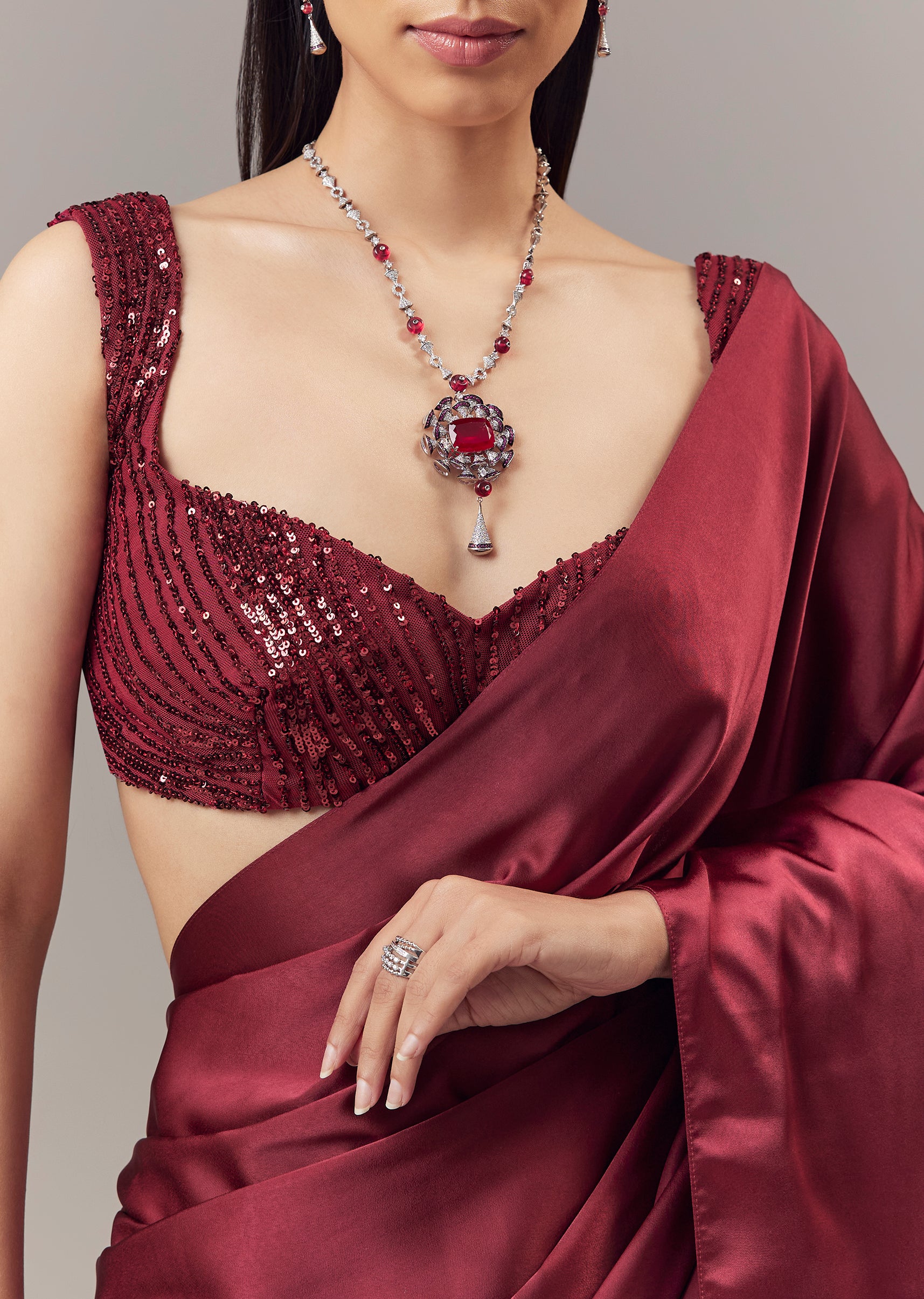 Red Satin Blend Saree With Cut Dana And Sequin Embellished Blouse