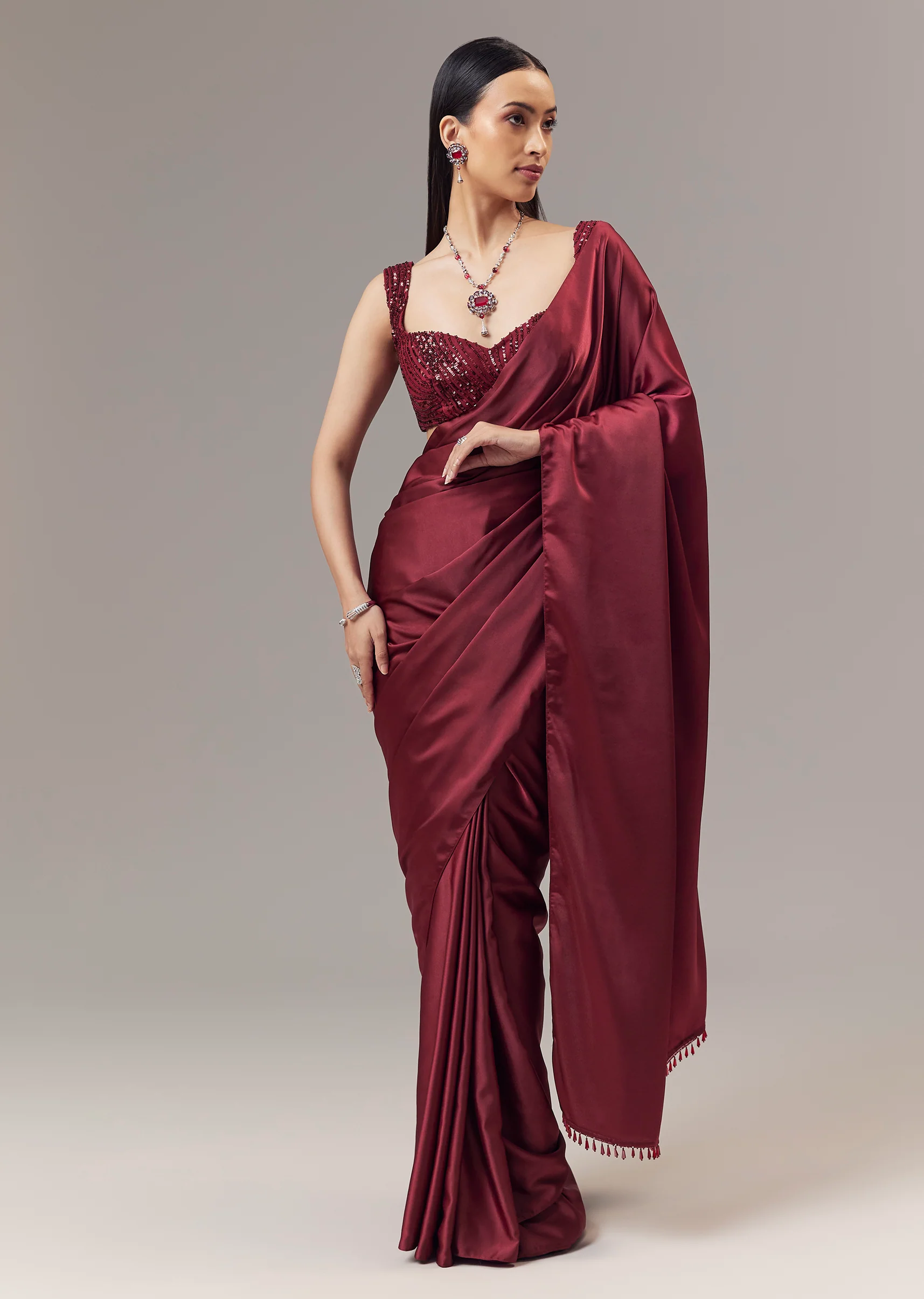 Red Satin Blend Saree With Cut Dana And Sequin Embellished Blouse