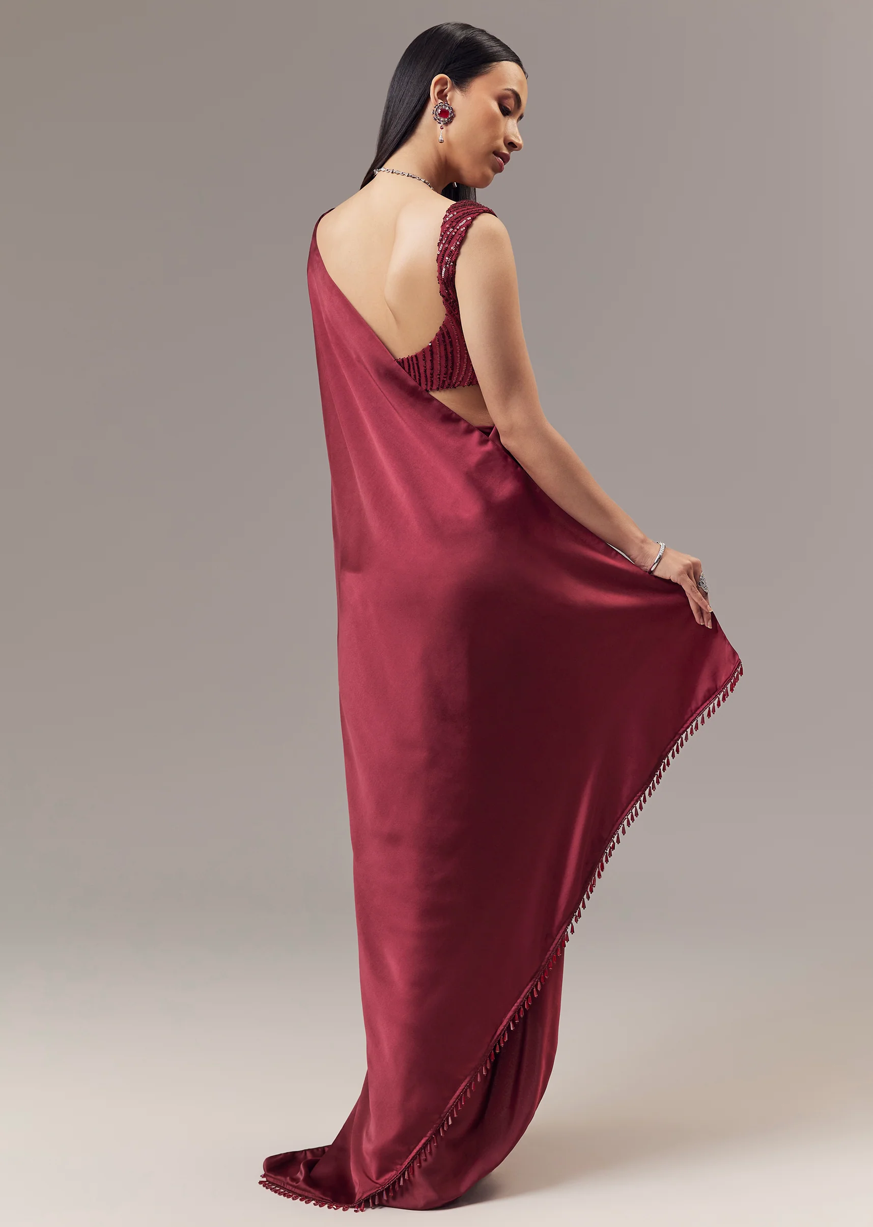 Red Satin Blend Saree With Cut Dana And Sequin Embellished Blouse