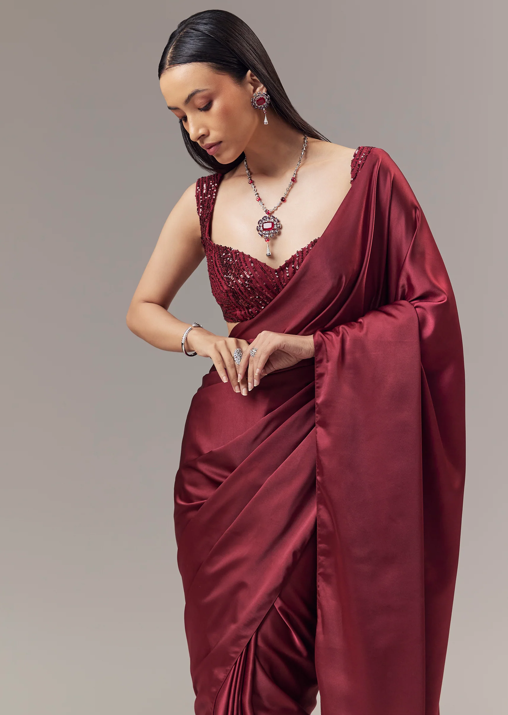 Red Satin Blend Saree With Cut Dana And Sequin Embellished Blouse