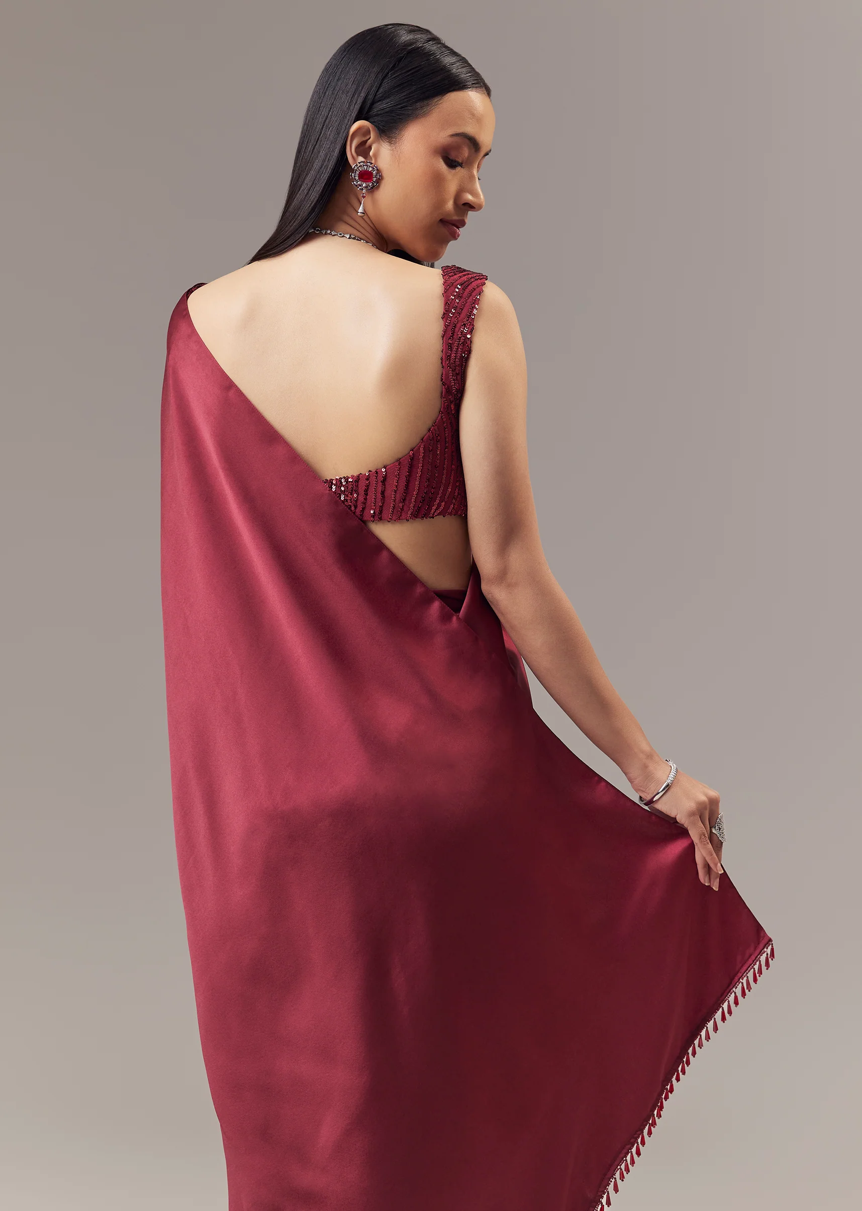 Red Satin Blend Saree With Cut Dana And Sequin Embellished Blouse