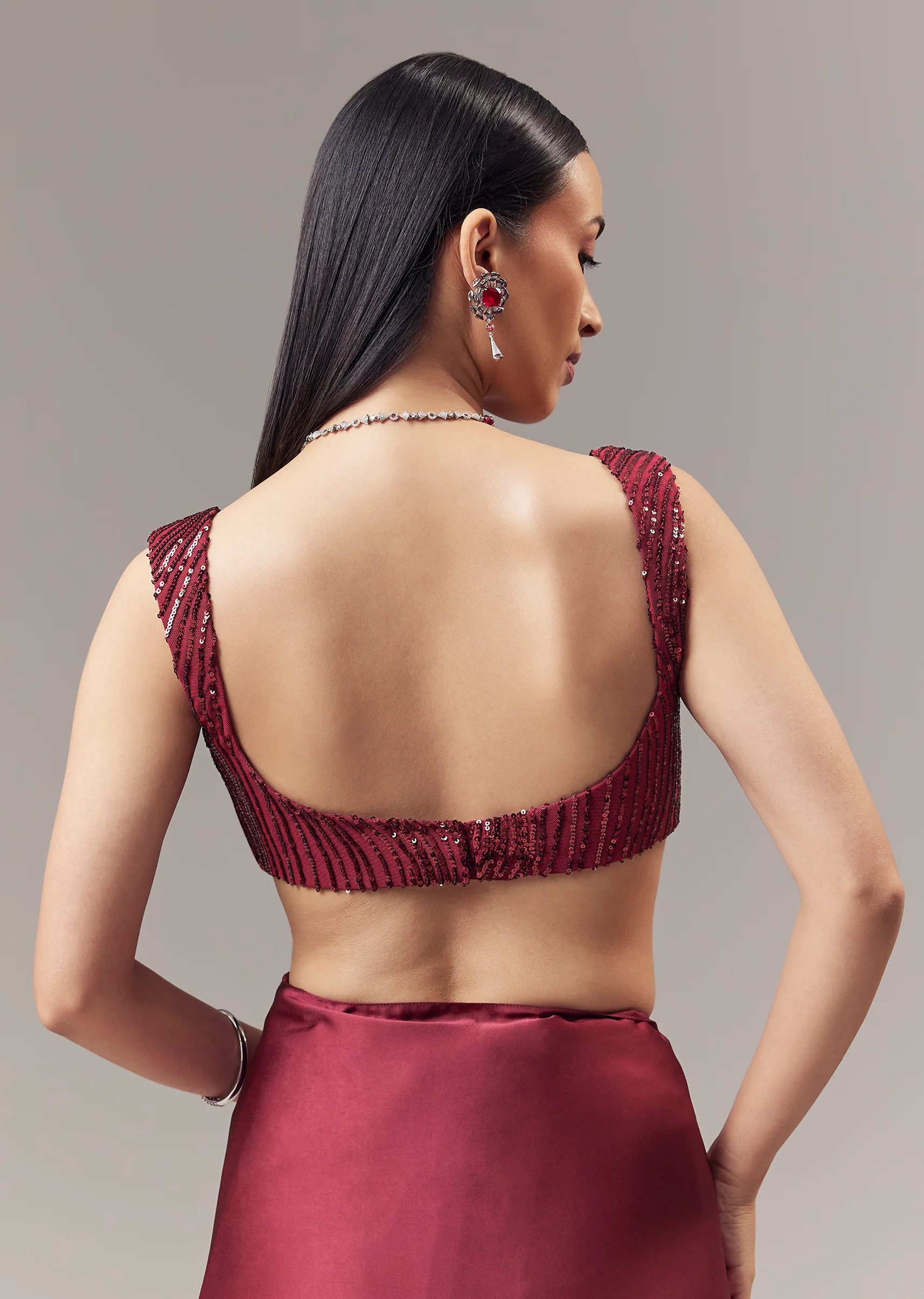 Red Satin Blend Saree With Cut Dana And Sequin Embellished Blouse
