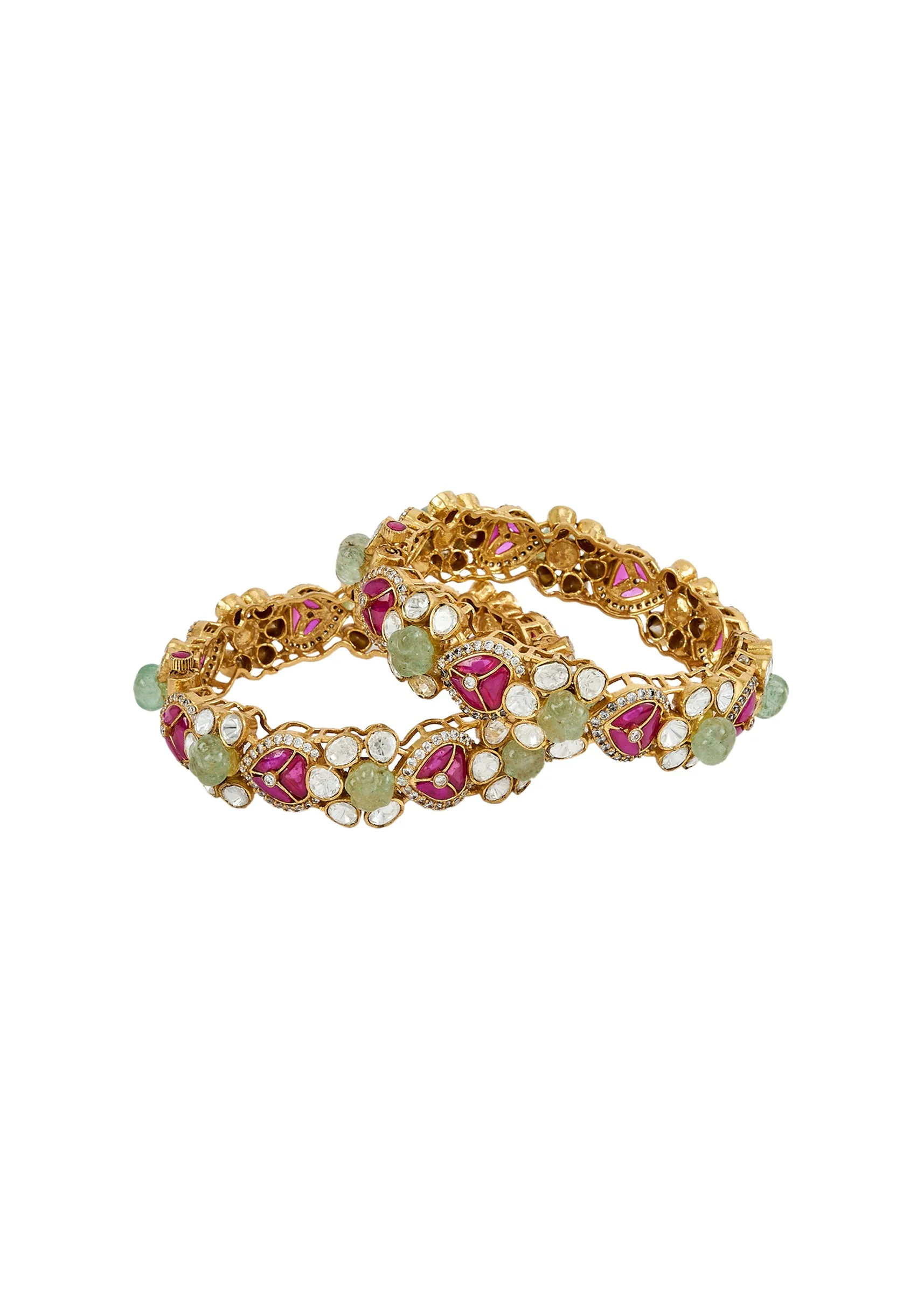 Ruby And Green Gold Plated Kundan Polki Bangles