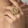 Pearl Embellished Gold Plated Green Kundan Polki Ring